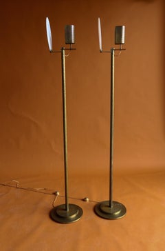 Pair of Art Deco Brass Torchiere Floor Lamps, Frosted Moon Glass Discs