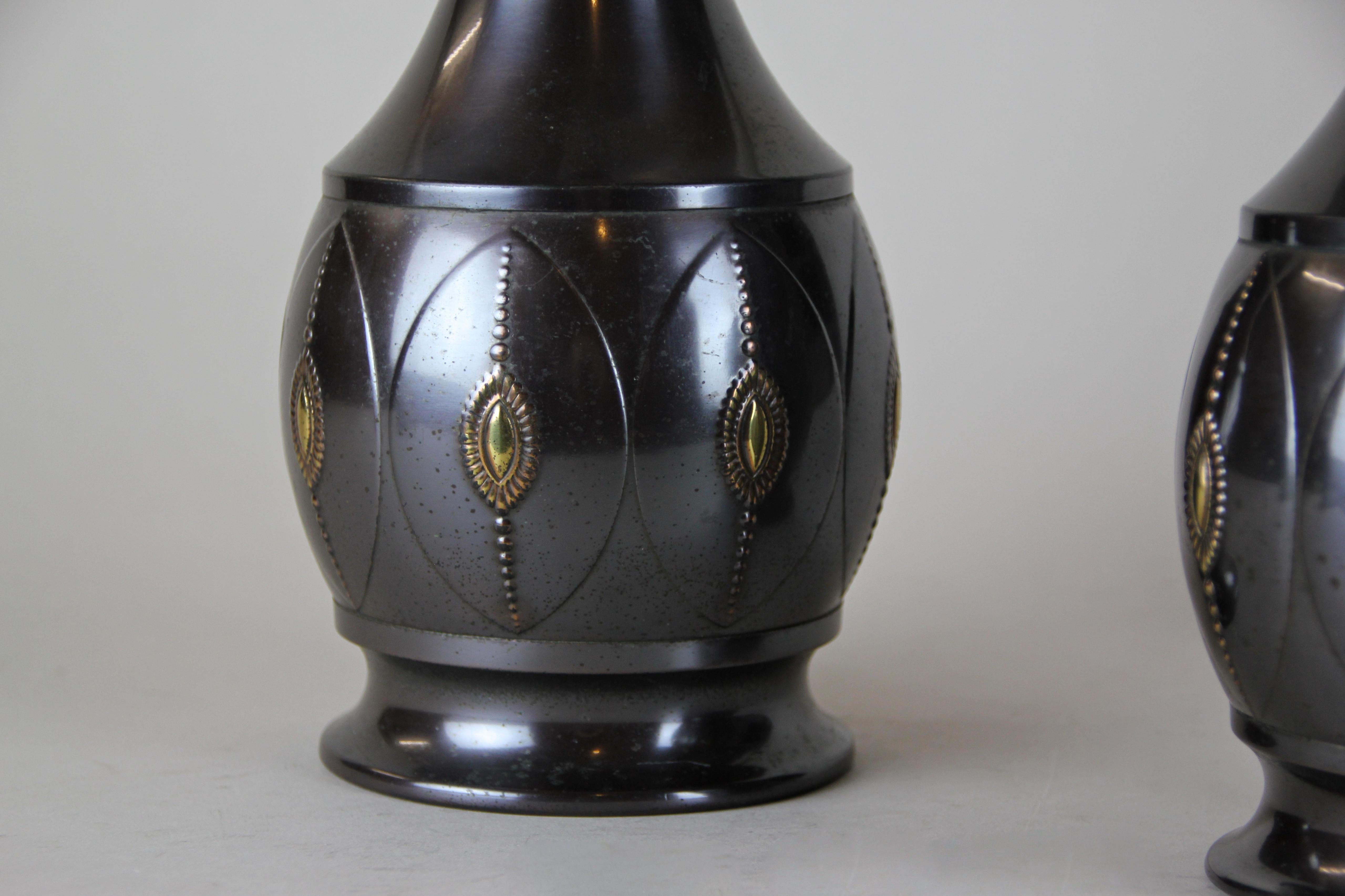 Dutch Pair of Art Deco Brass Vases by KMD, Netherlands, circa 1920