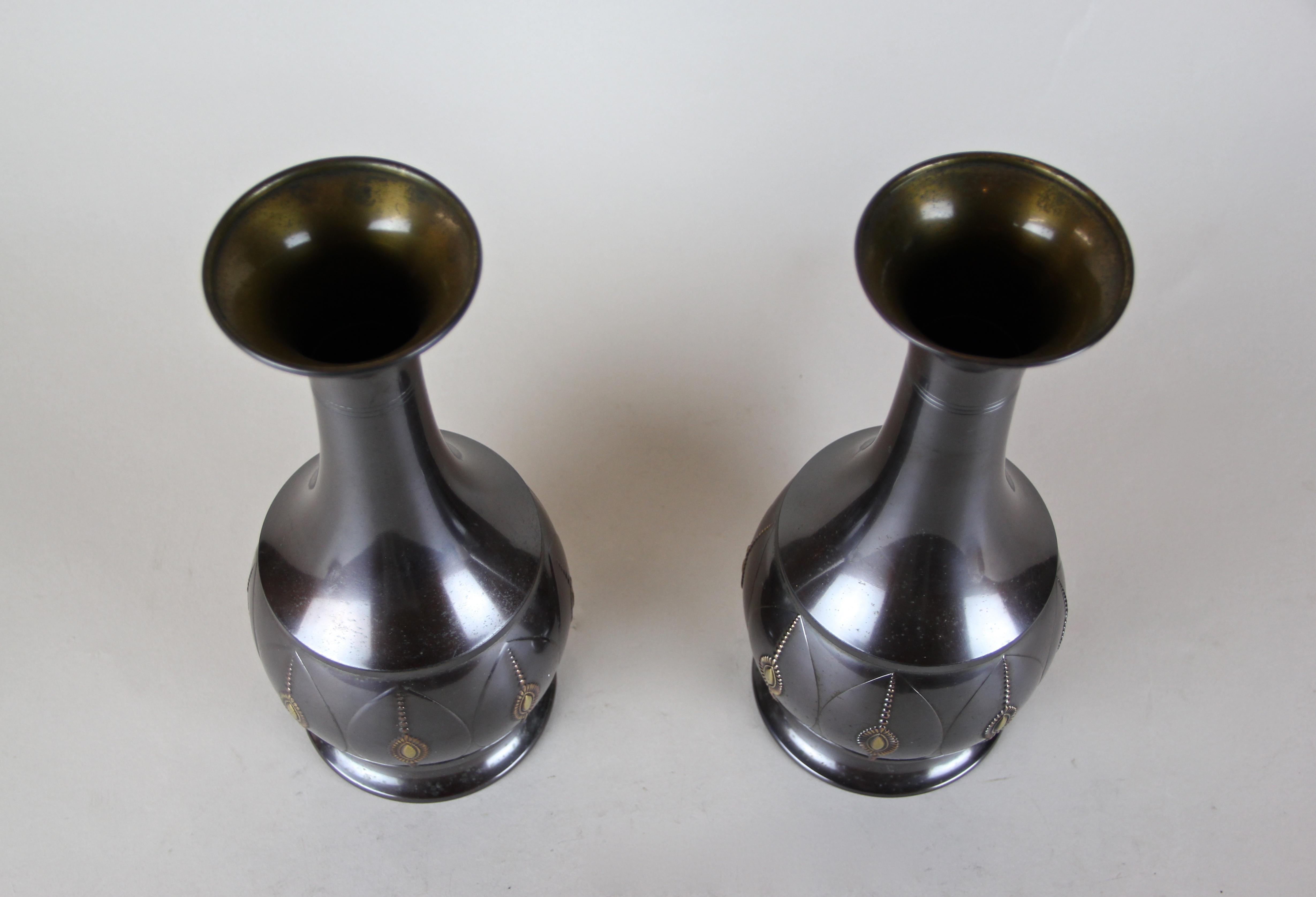 Patinated Pair of Art Deco Brass Vases by KMD, Netherlands, circa 1920