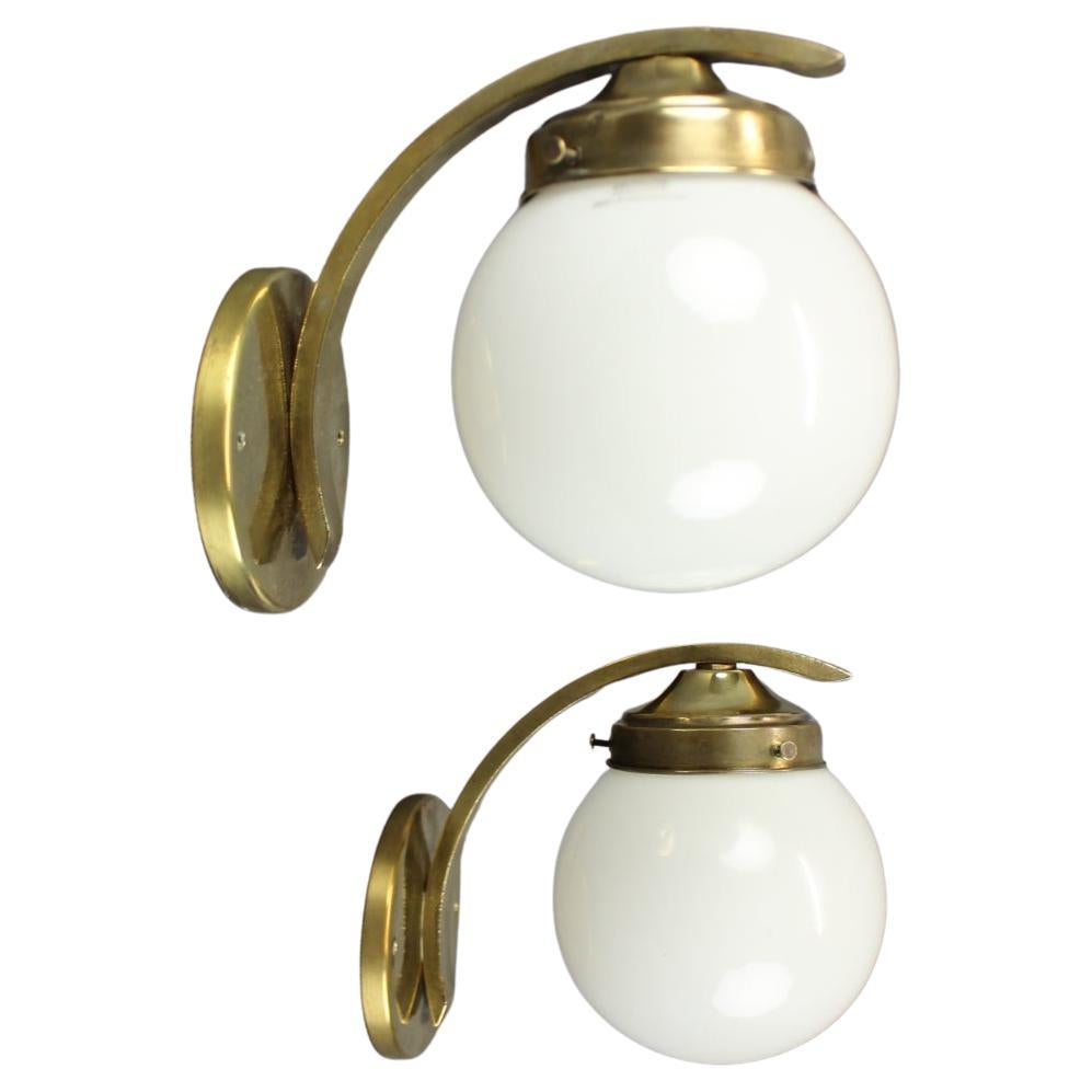 Pair of Art Deco Brass Wall Lamps with Opaline Glass, Europe, 1930s en vente