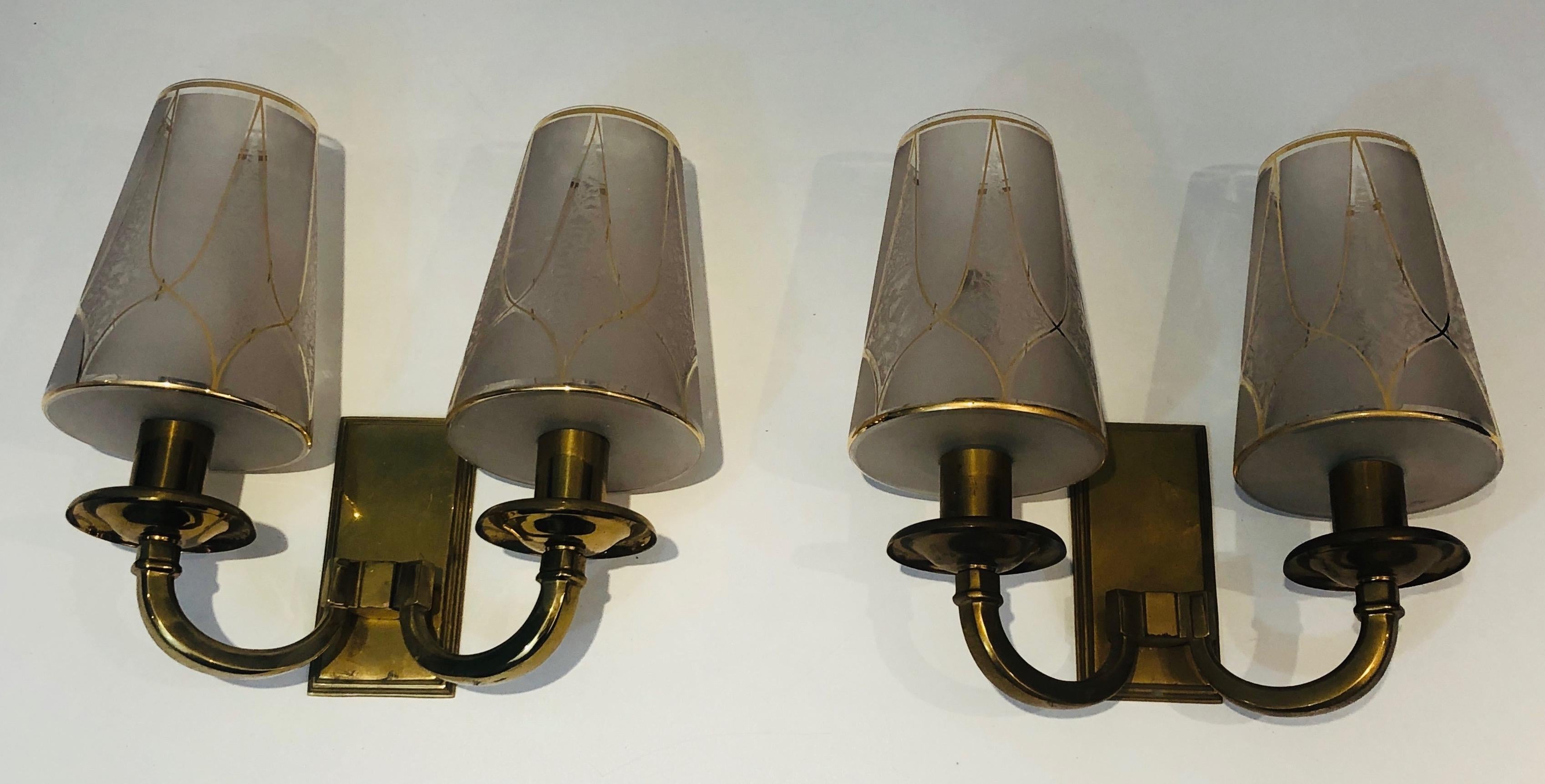 Pair of Art Deco Brass Wall Lights, French Work in the Style of Perzel, 1900's For Sale 7