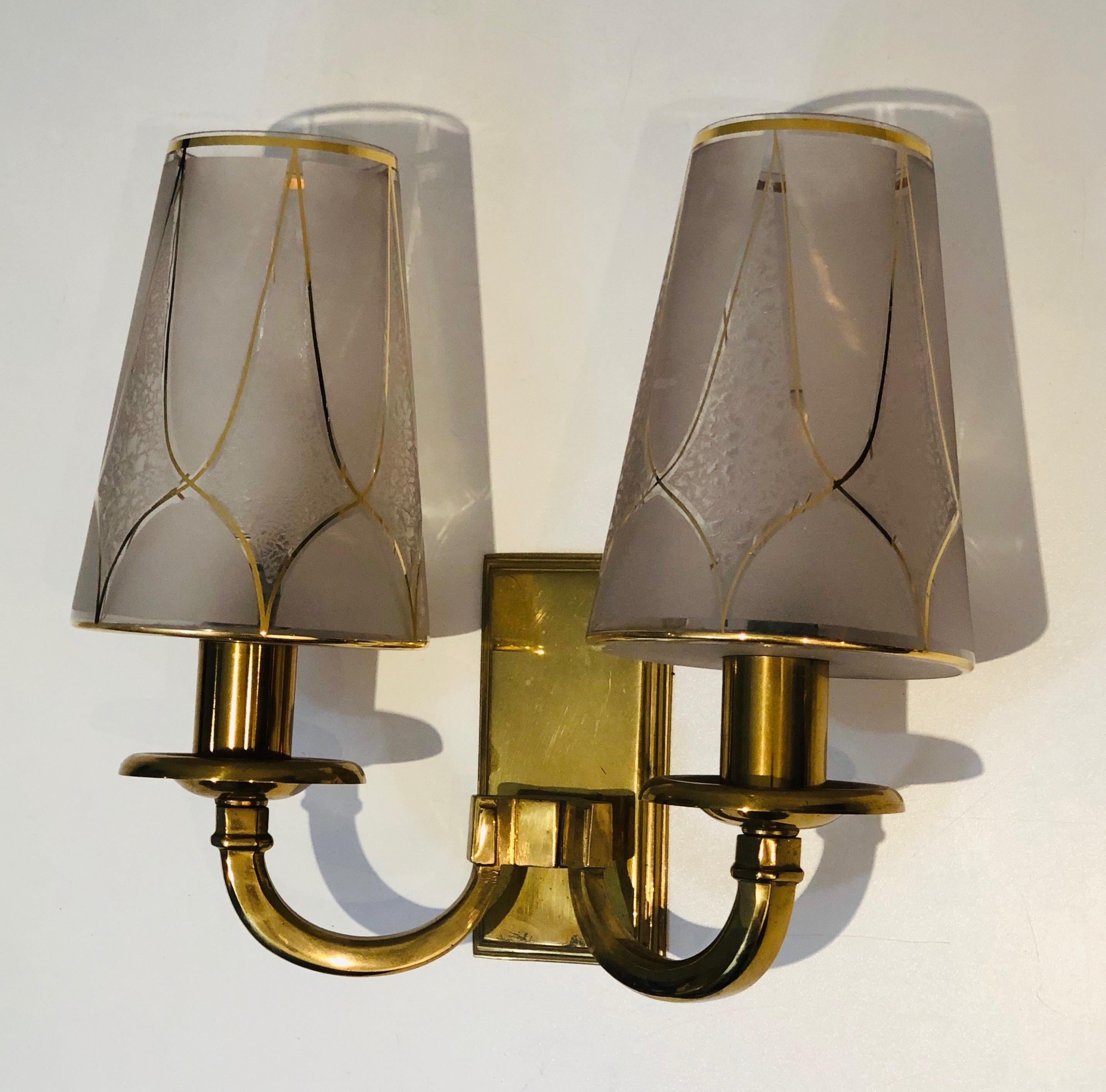 Art Nouveau Pair of Art Deco Brass Wall Lights, French Work in the Style of Perzel, 1900's For Sale