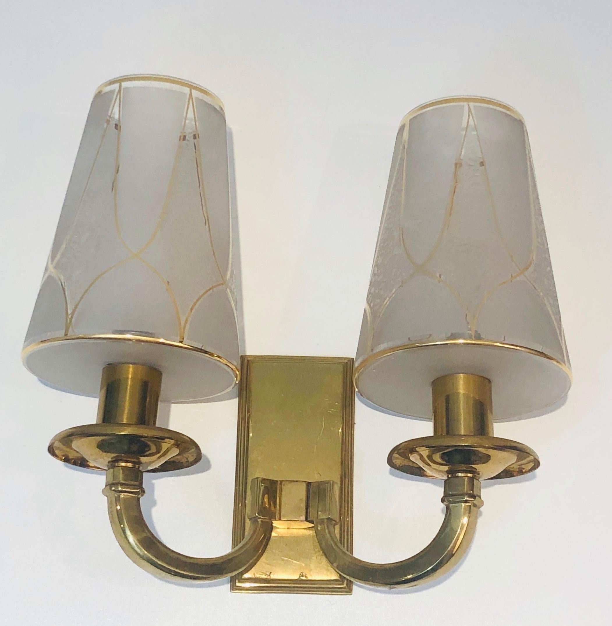 Gilt Pair of Art Deco Brass Wall Lights, French Work in the Style of Perzel, 1900's For Sale