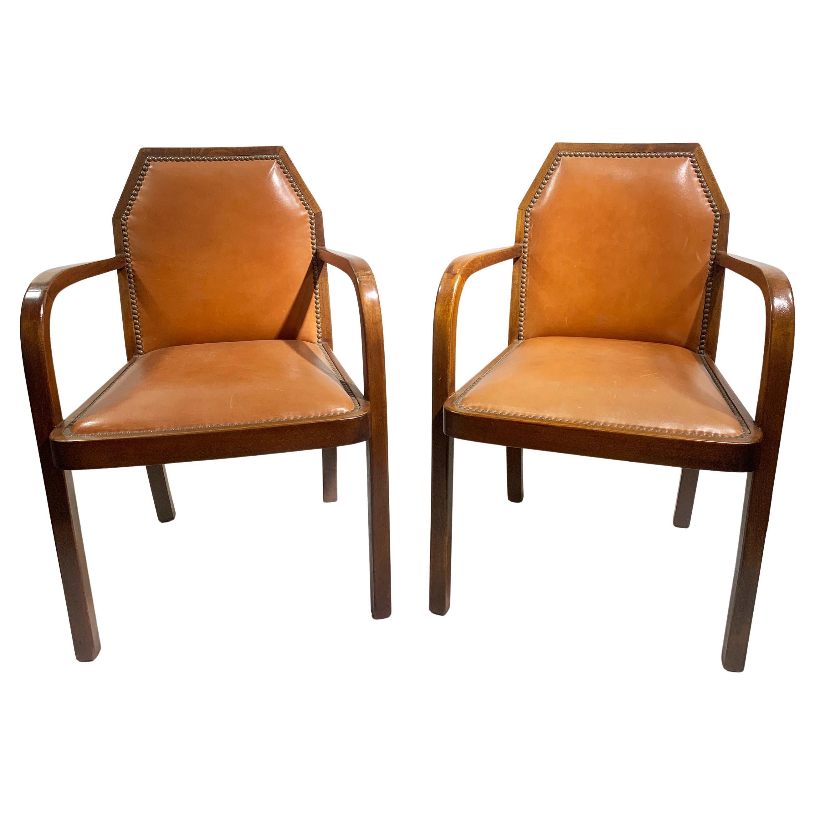 Paire de fauteuils bridge Art Déco, en cuir,  France, Circa 1930's