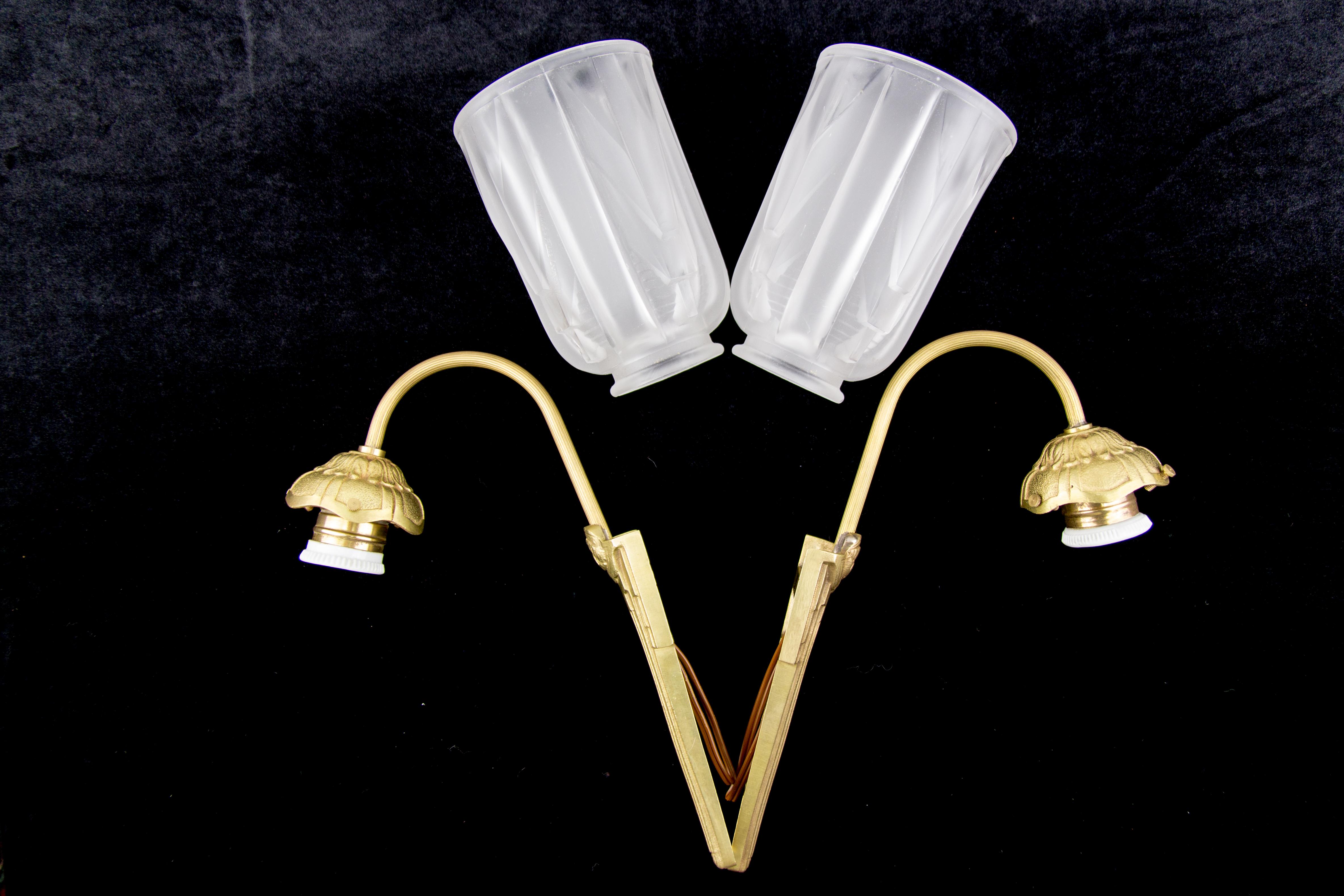 Pair of Art Deco Bronze and Frosted Glass Sconces Signed Muller Frères Luneville 9