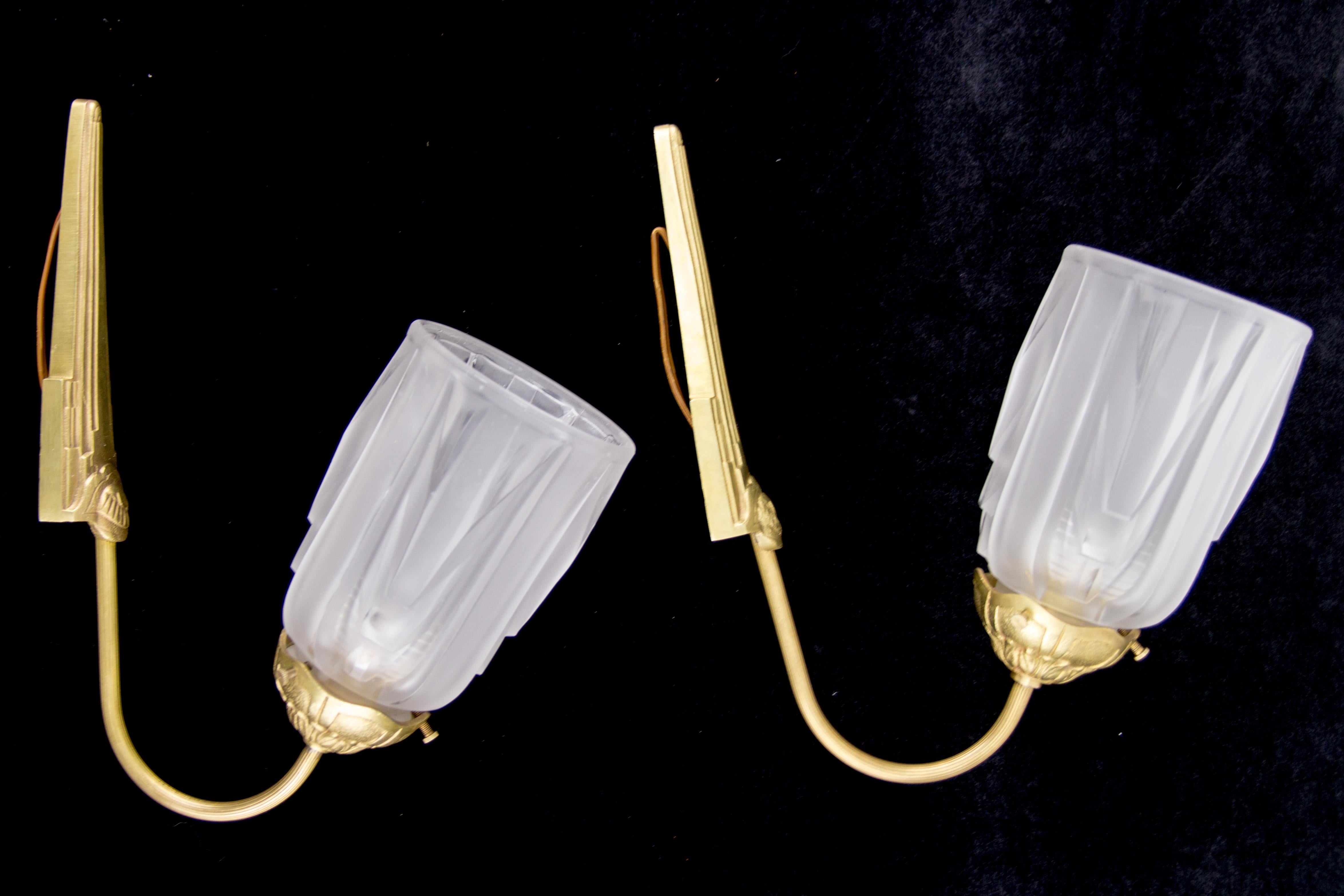 Pair of Art Deco Bronze and Frosted Glass Sconces Signed Muller Frères Luneville 13