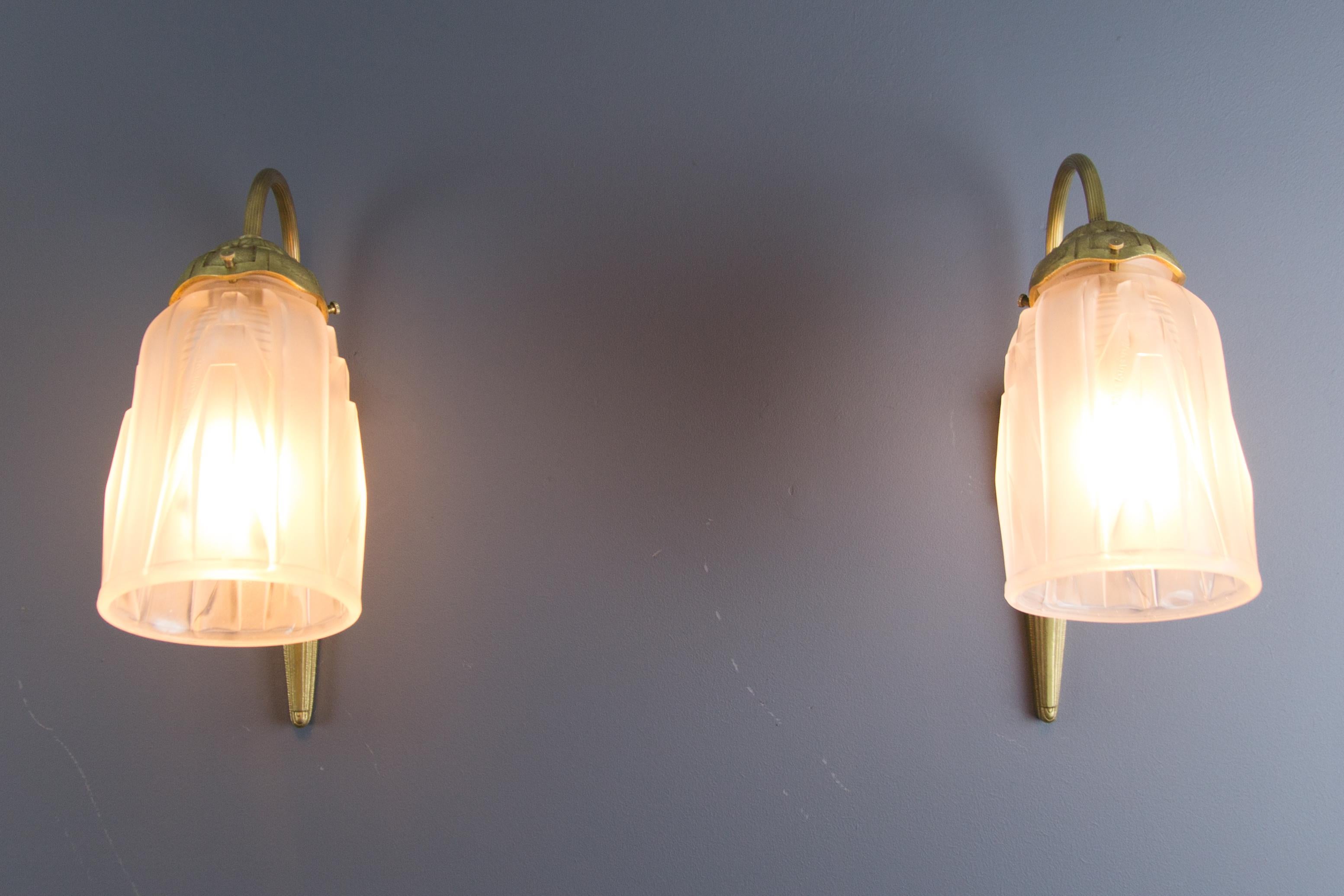 Pair of Art Deco Bronze and Frosted Glass Sconces Signed Muller Frères Luneville 1