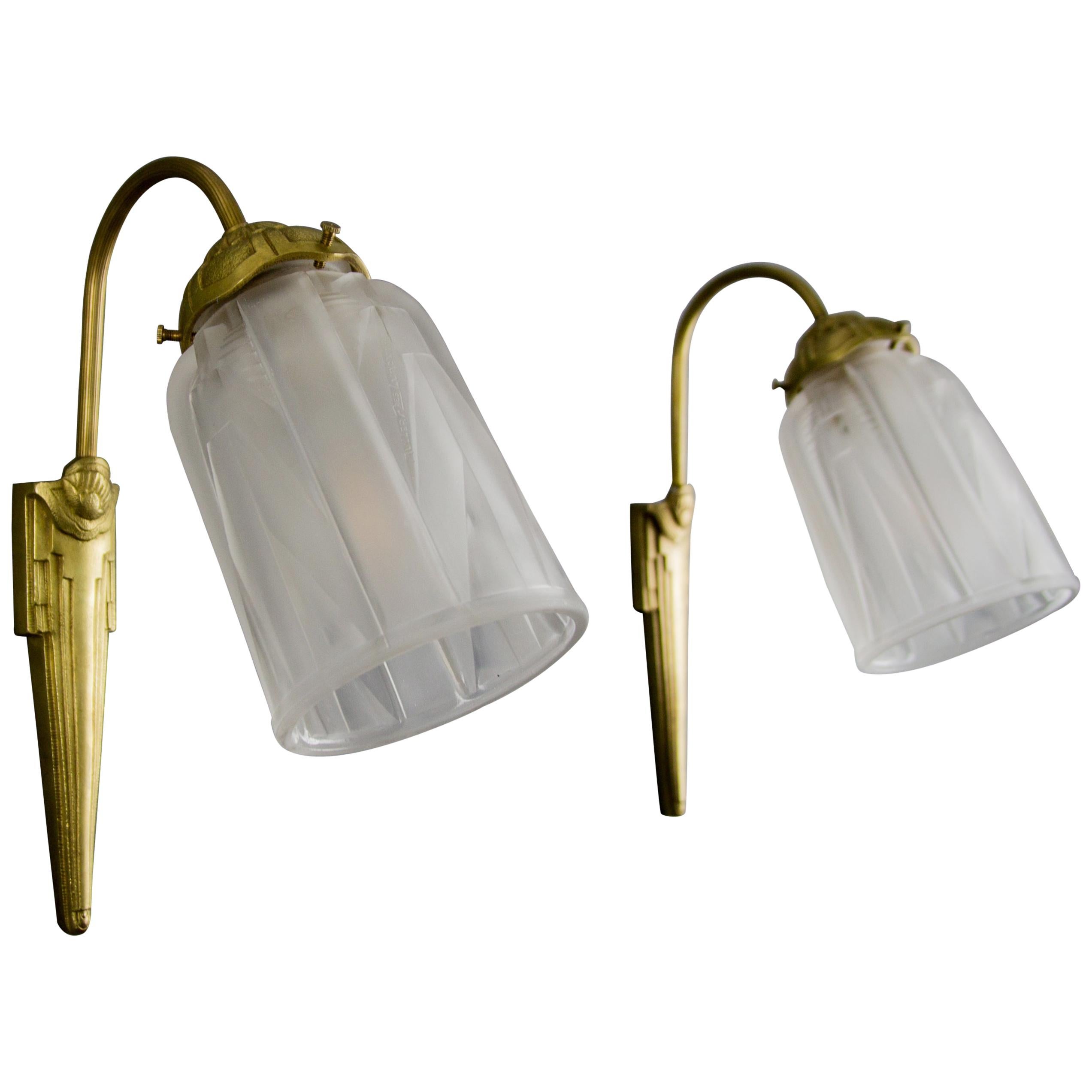 Pair of Art Deco Bronze and Frosted Glass Sconces Signed Muller Frères Luneville