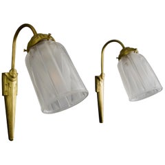 Pair of Art Deco Bronze and Frosted Glass Sconces Signed Muller Frères Luneville