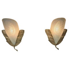Pair of Art Deco Bronze and Glass Wall Sconces