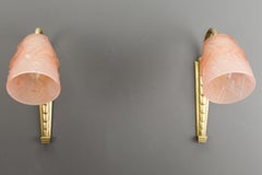 Pair of Art Deco Bronze and Light Pink Frosted Glass Sconces Signed Schneider