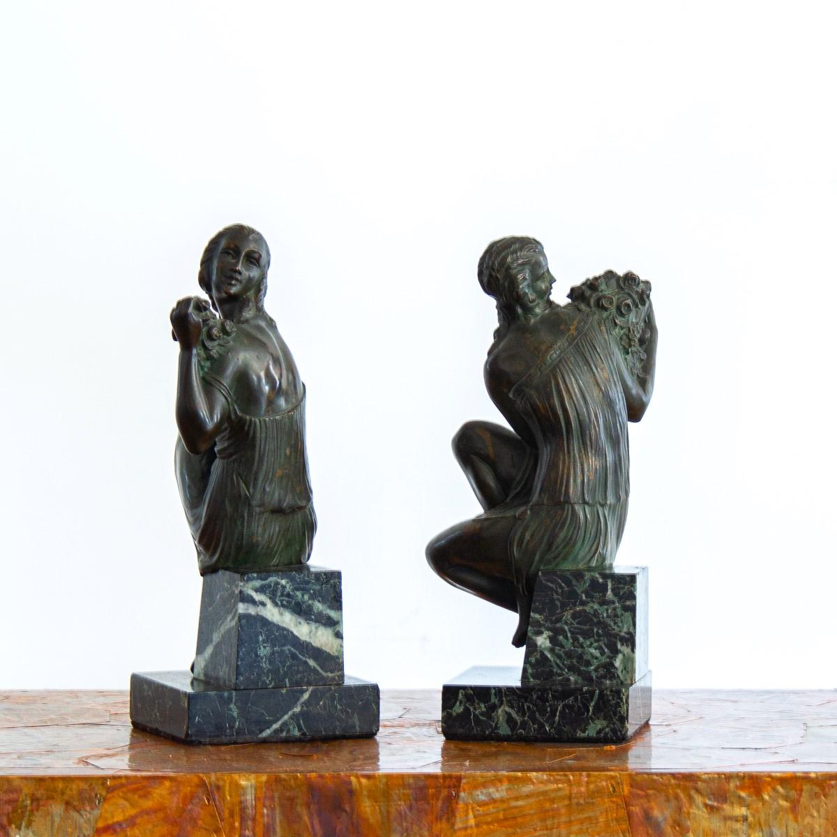 French Pair of Art Deco Bronze and Marble Bookends