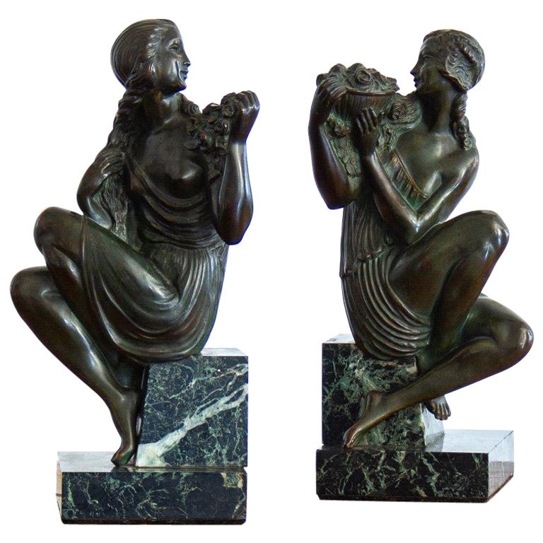 Pair of Art Deco Bronze and Marble Bookends