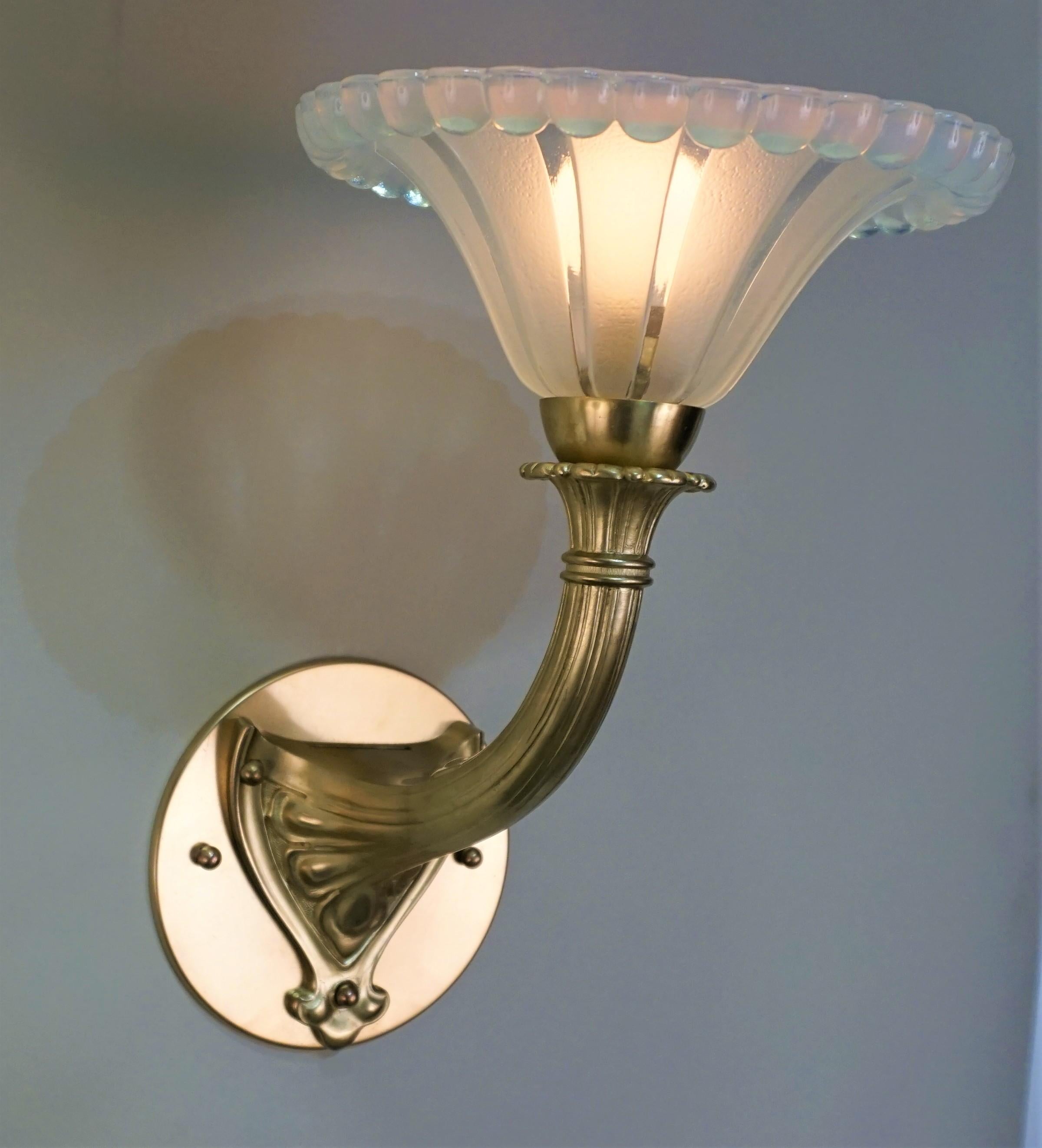 Pair of Art Deco Bronze and Opaline Glass Wall Sconces For Sale 1