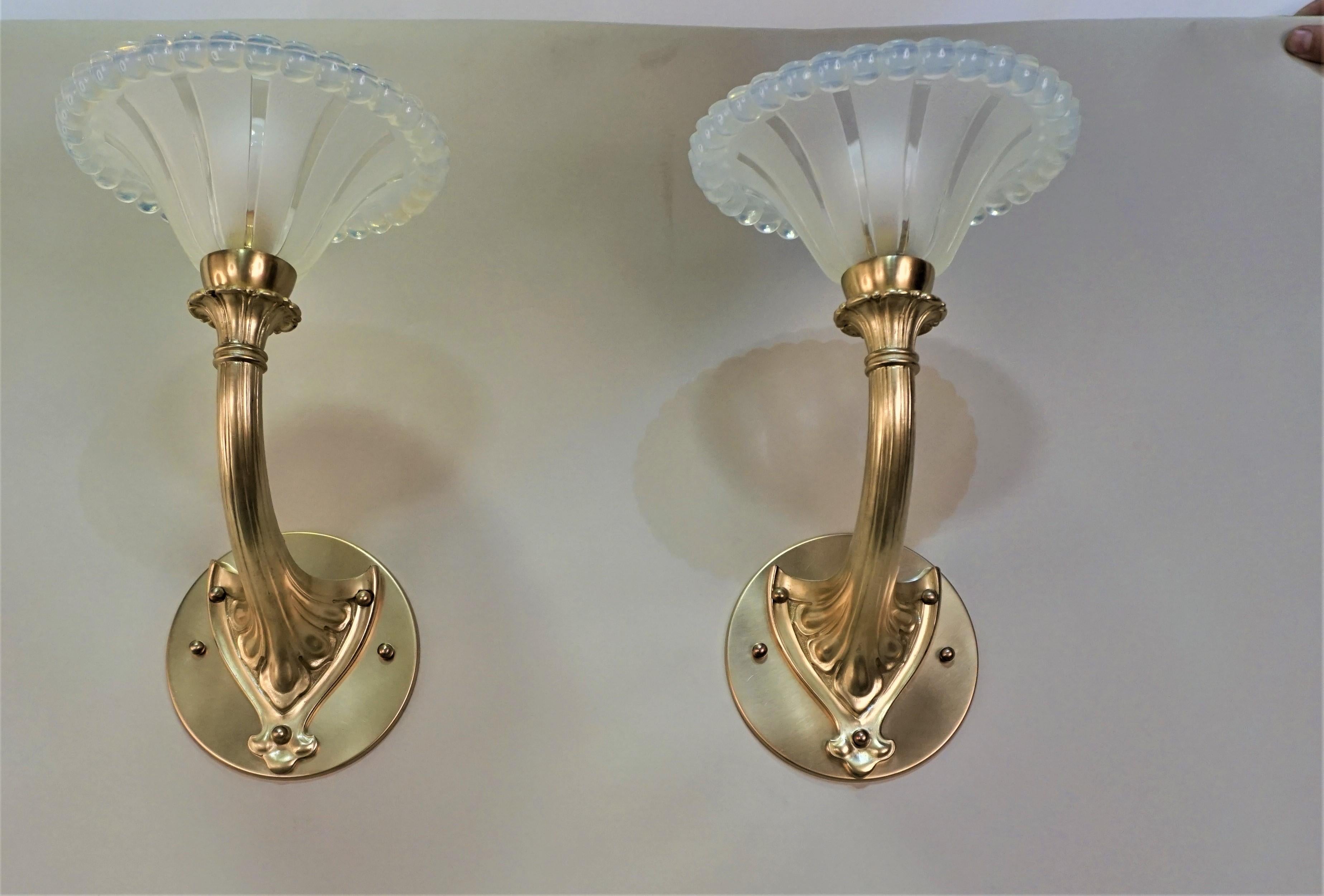 Pair of Art Deco Bronze and Opaline Glass Wall Sconces For Sale 2