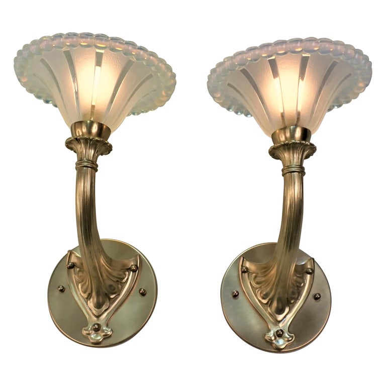 Pair of Art Deco Bronze and Opaline Glass Wall Sconces For Sale at 1stDibs