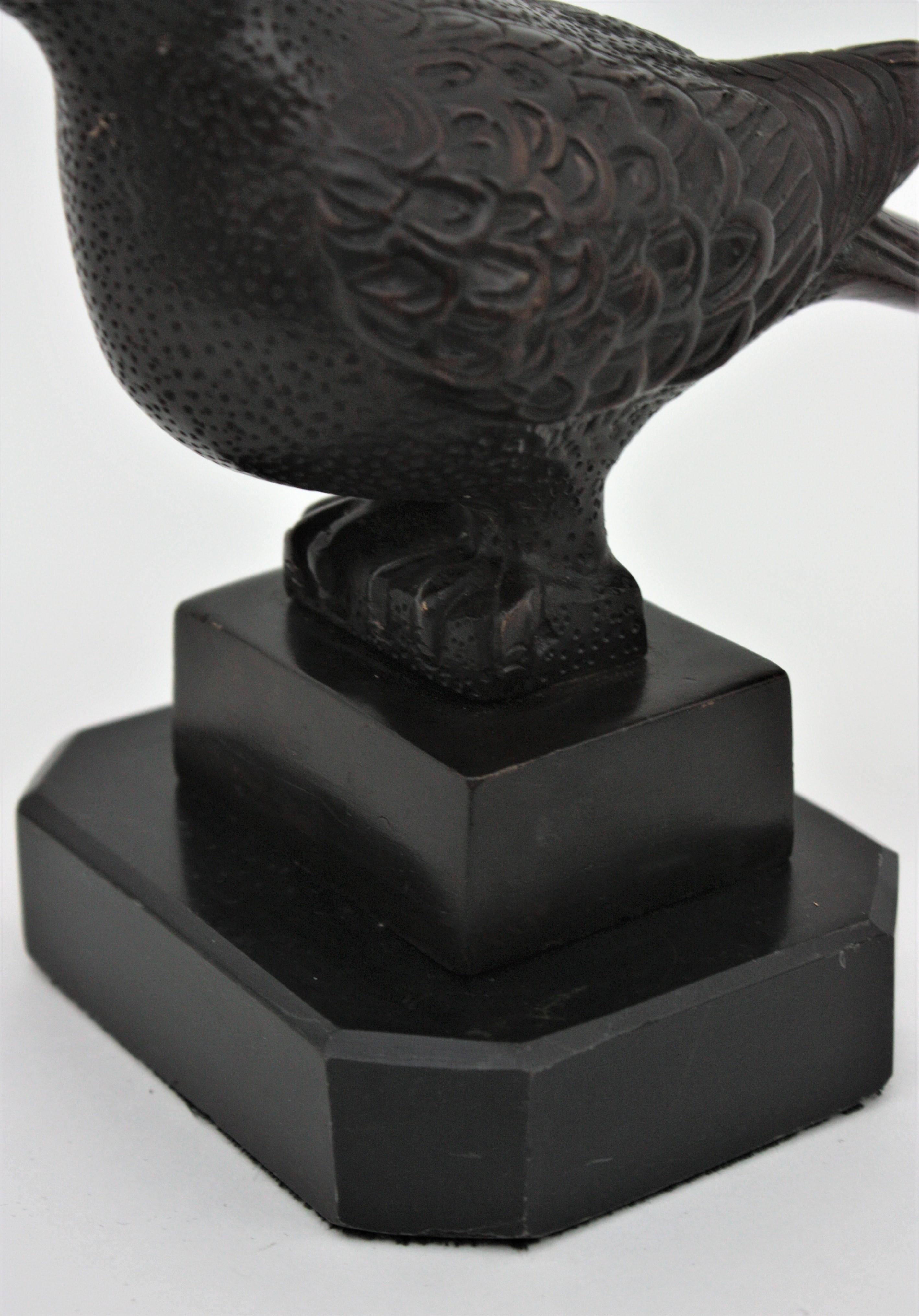 Pair of Art Deco Bronze Bird Figures on Black Marble Bases For Sale 8