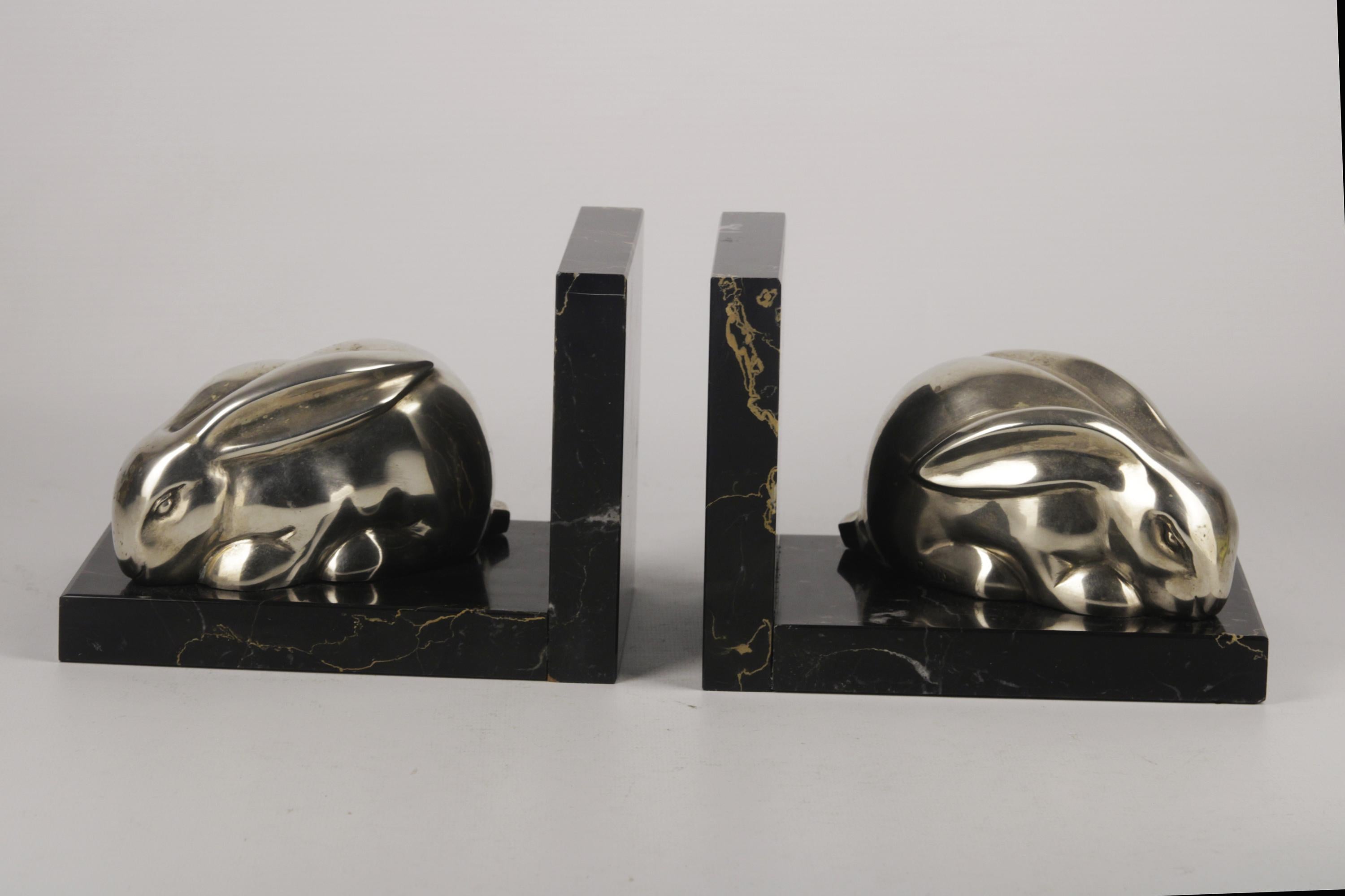 French Pair of Art Deco Bronze Bookends Rabbit Figure by Edouard Marcel Sandoz