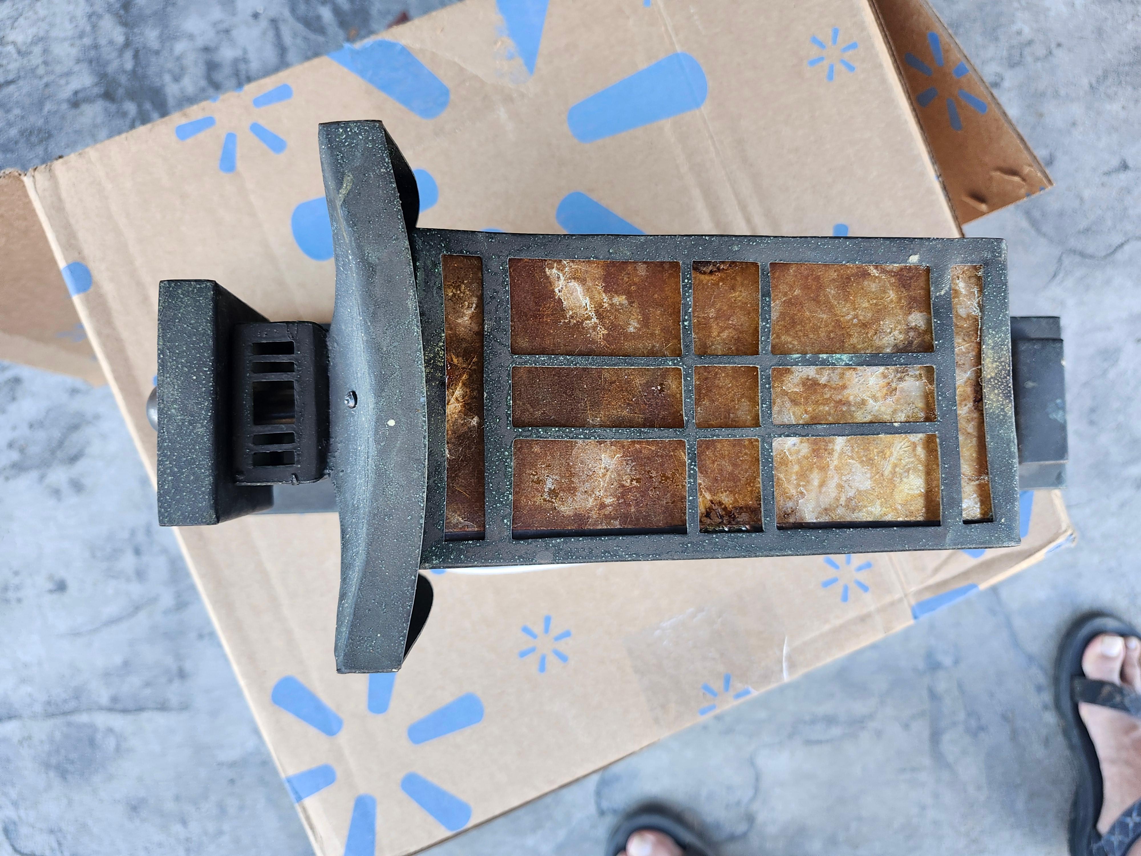 Pair of Art Deco Bronze Pagoda Style Outdoor Wall Sconces with Mica Shades For Sale 4