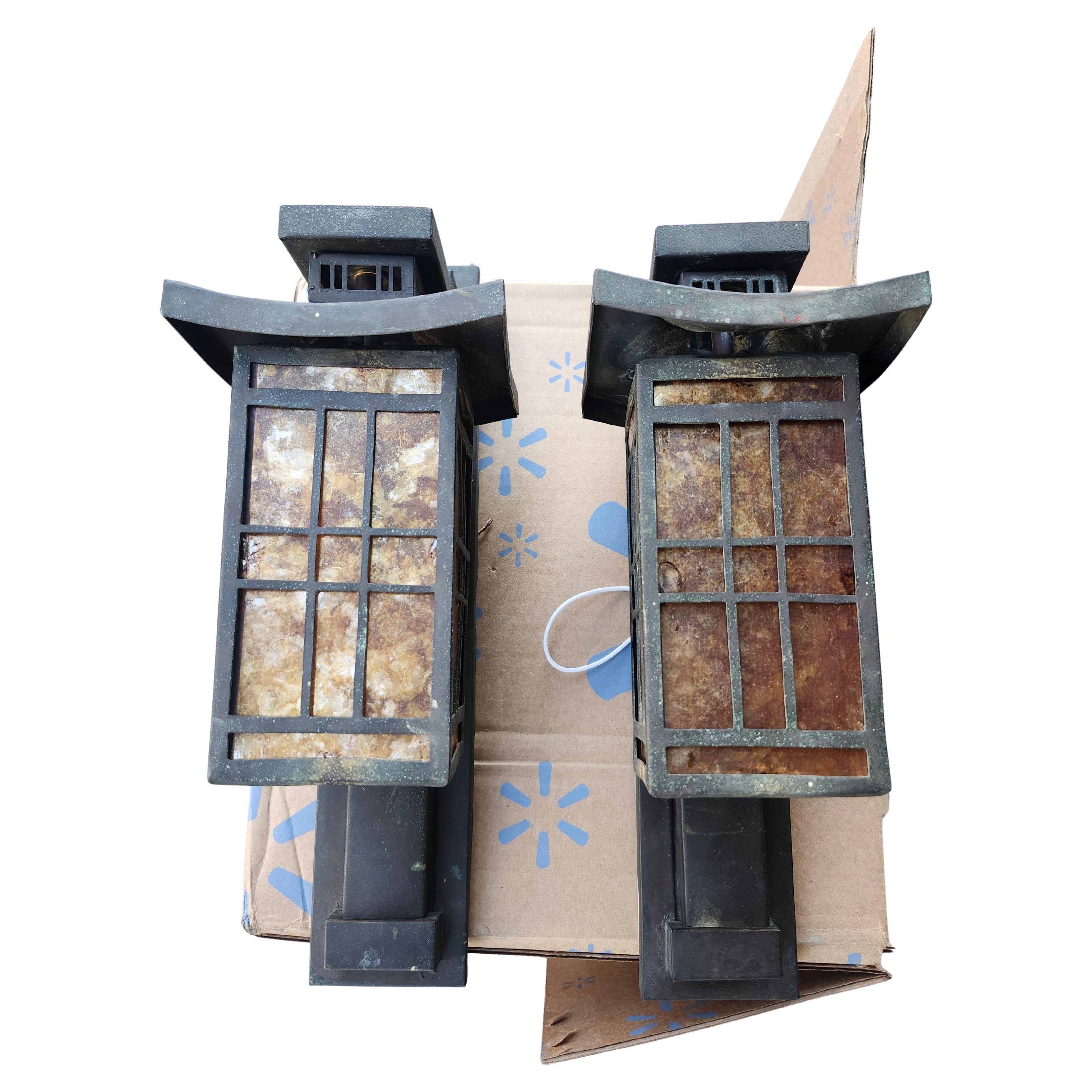 Hand-Crafted Pair of Art Deco Bronze Pagoda Style Outdoor Wall Sconces with Mica Shades For Sale