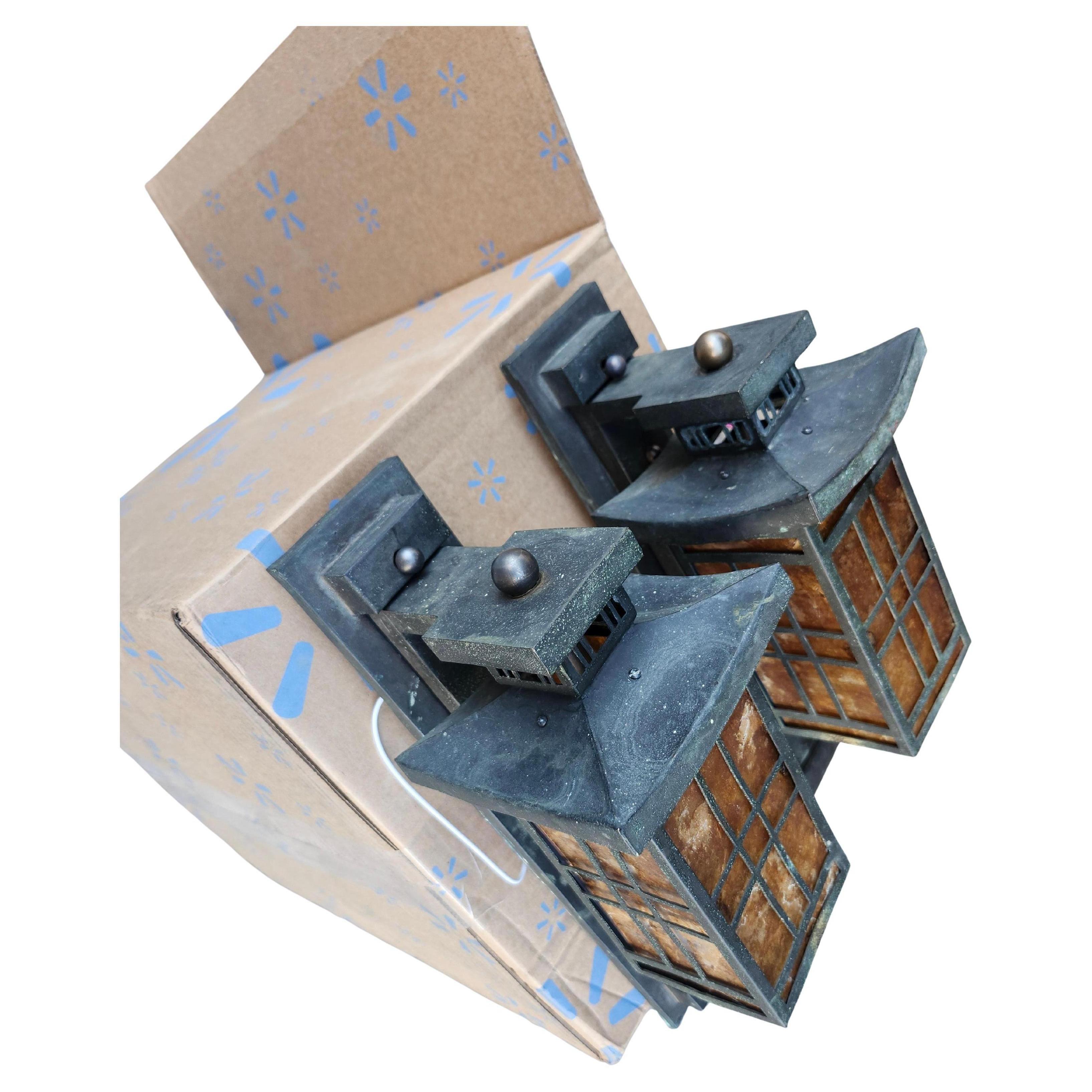 Pair of Art Deco Bronze Pagoda Style Outdoor Wall Sconces with Mica Shades For Sale 1