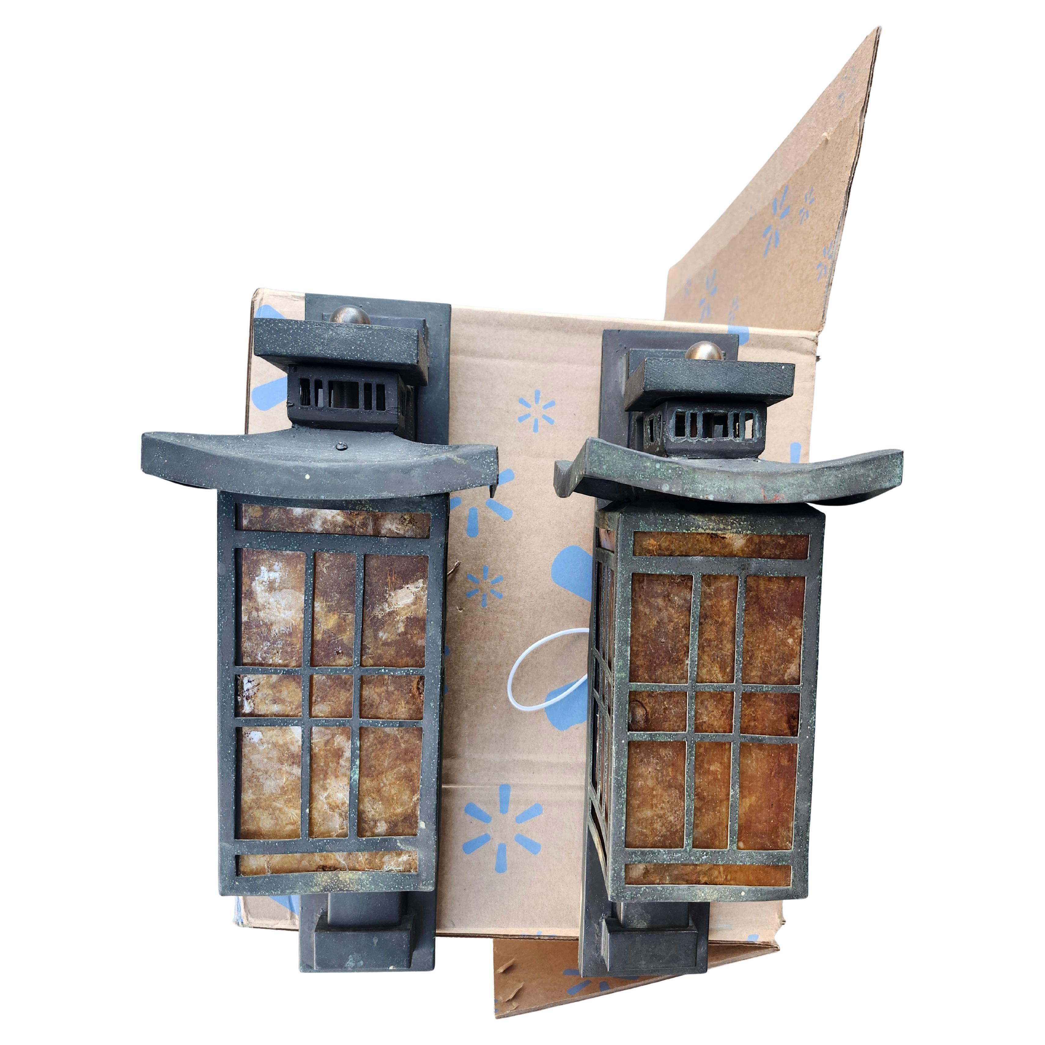 Pair of Art Deco Bronze Pagoda Style Outdoor Wall Sconces with Mica Shades For Sale 2