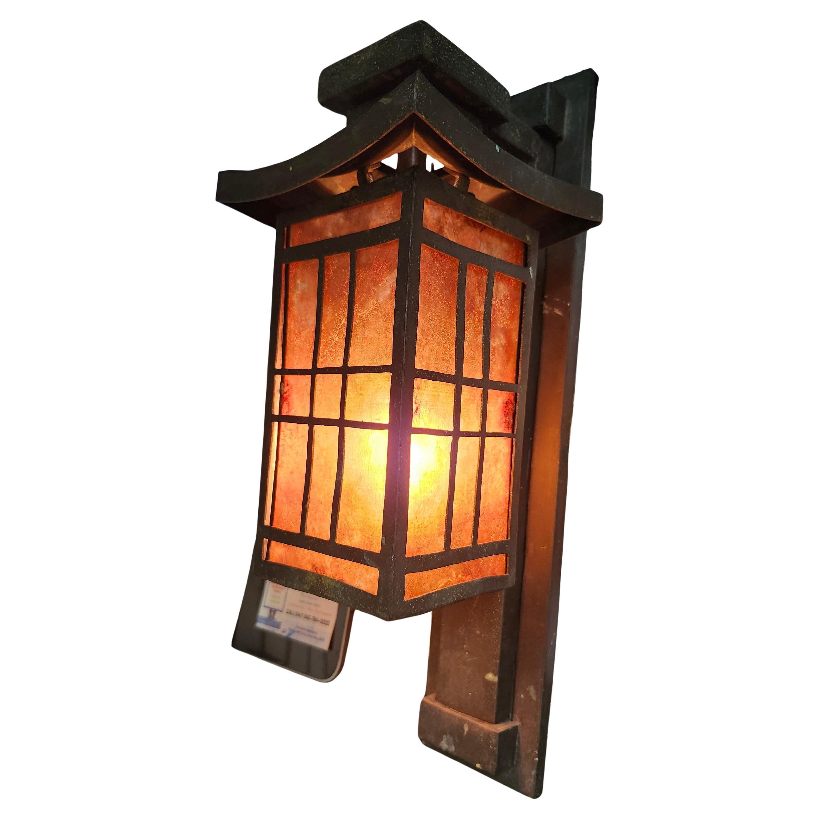 Pair of Art Deco Bronze Pagoda Style Outdoor Wall Sconces with Mica Shades For Sale 3