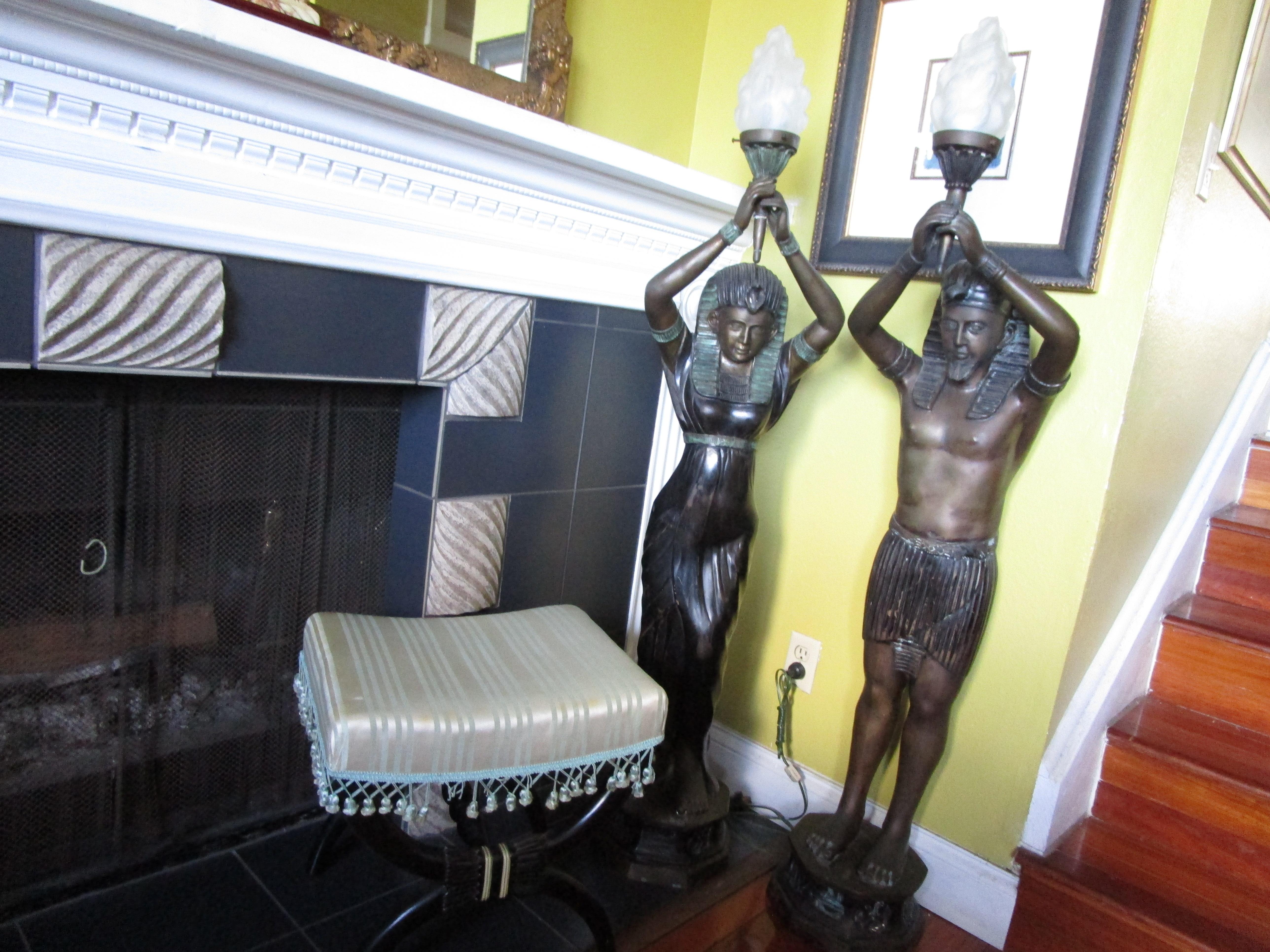 Pair of Art Deco Life-Size Bronze Pharaoh Verdigris Lamp Statues with Torchieres For Sale 6
