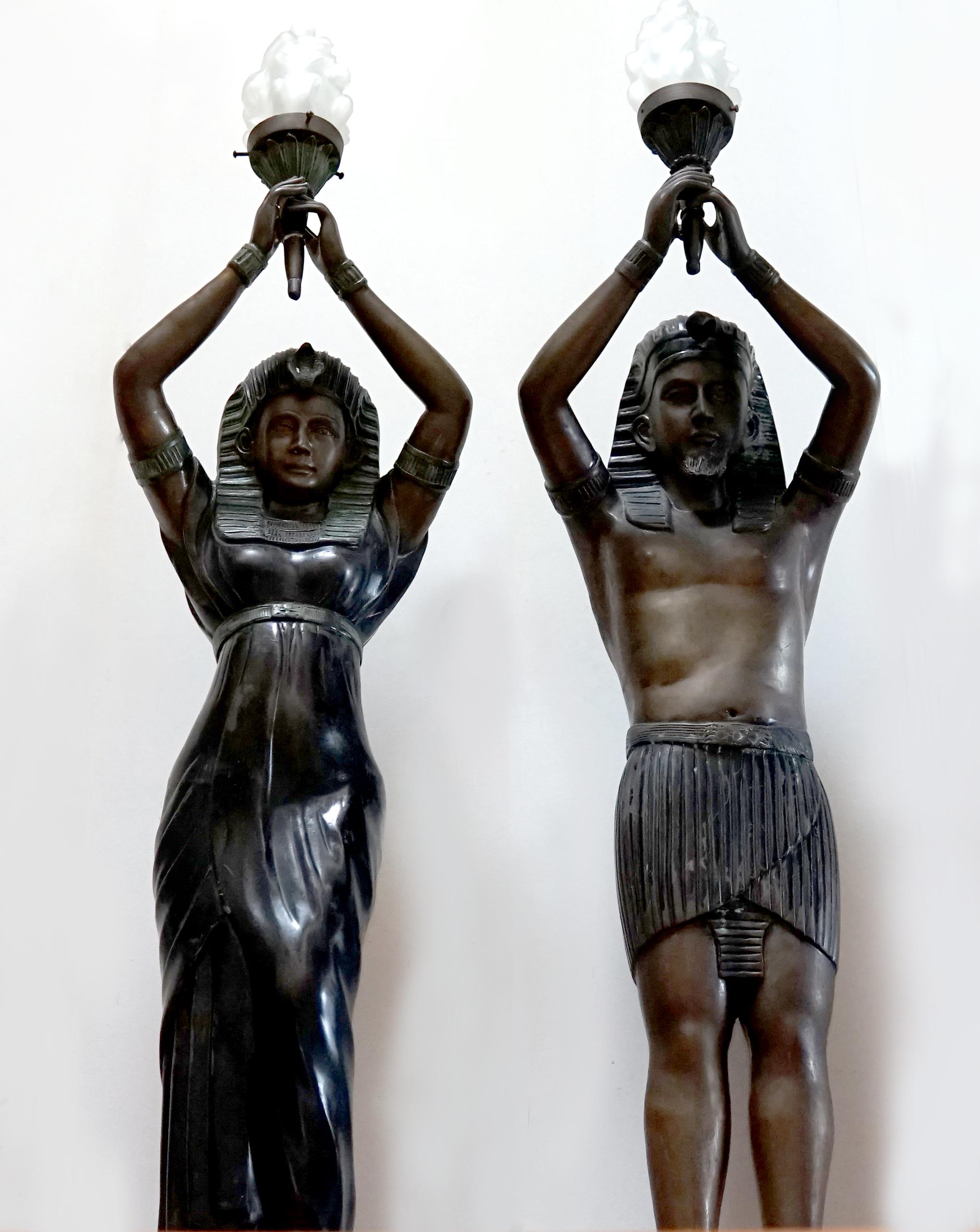 At the base of a staircase, or in front of a fireplace, the silhouettes of this pair has a lifelike quality. Pharaohs light the way from atop their geometric base. The bronze Egyptian-style statues will dominate the entryway and the conversation.