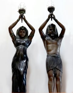 Pair of Art Deco Life-Size Bronze Pharaoh Verdigris Lamp Statues with Torchieres