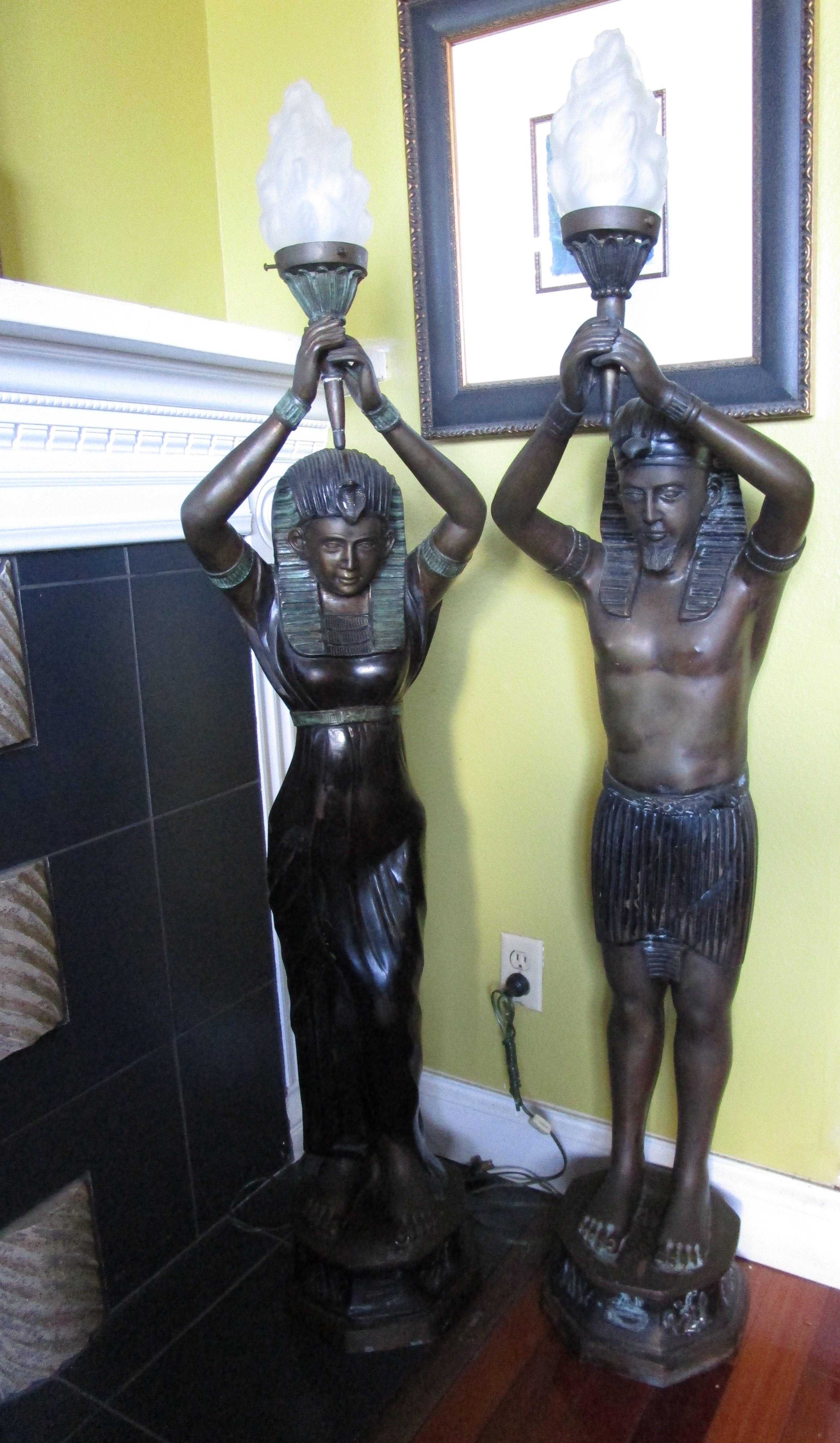Cast Pair of Art Deco Life-Size Bronze Pharaoh Verdigris Lamp Statues with Torchieres For Sale
