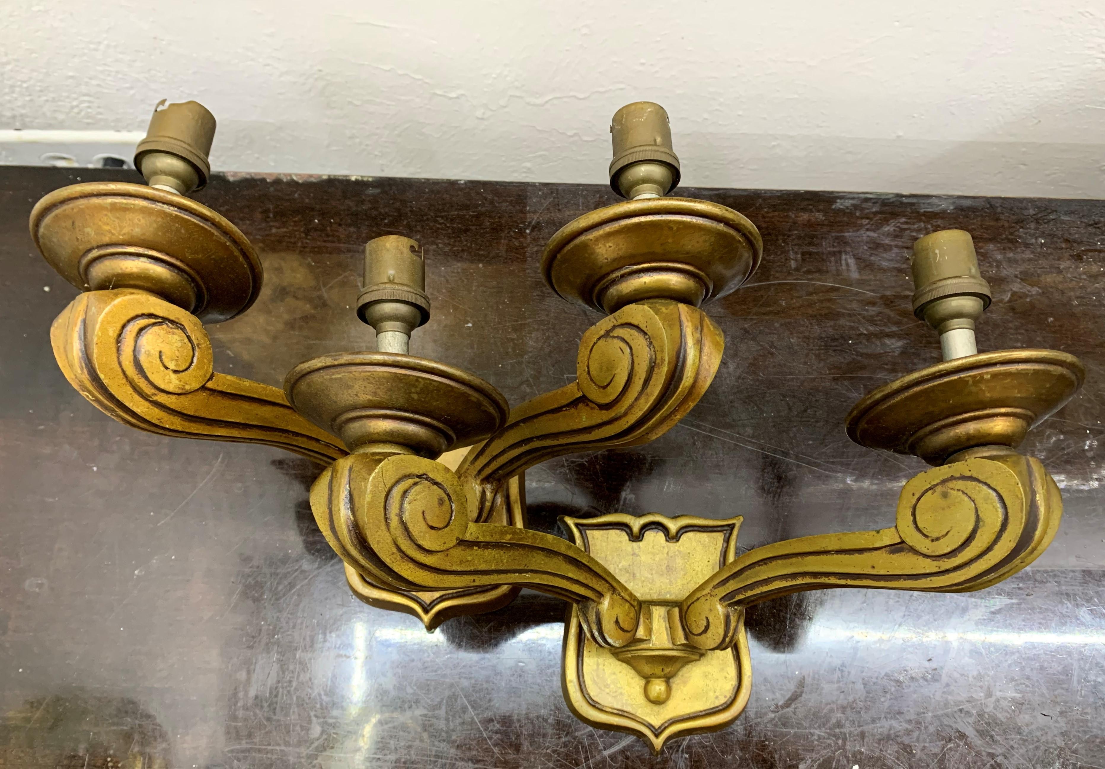 Beautiful pair of original Art Deco bronze sconces, both stamped in the back J. L. 151 (model number)
They will be rewired before shipping. They can also be polished if the client desires it.
 