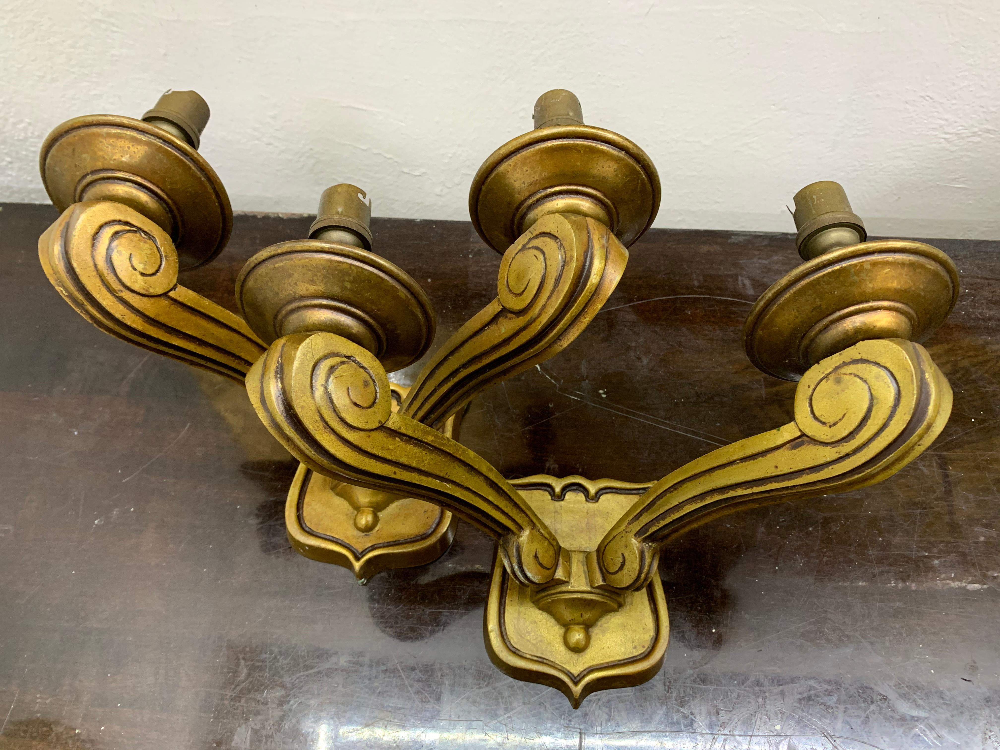 French Pair of Art Deco Bronze Sconces by Jules Leleu France, circa 1940 For Sale