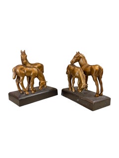 Coppia di sculture in bronzo Art Deco Statua 2 cavalli Figurina Fermalibri