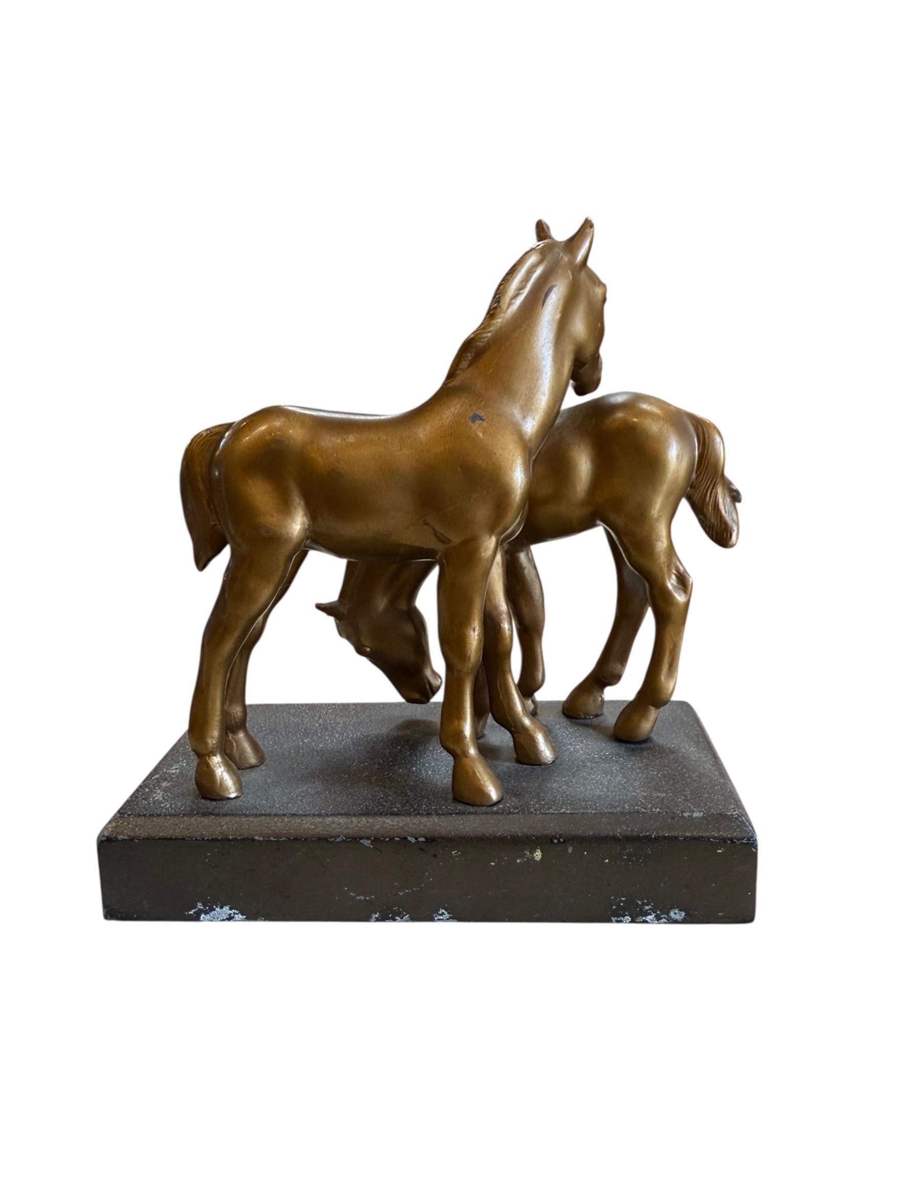 American Pair of Art Deco Bronze Sculpture Statue 2 Horses Figurine Bookends For Sale