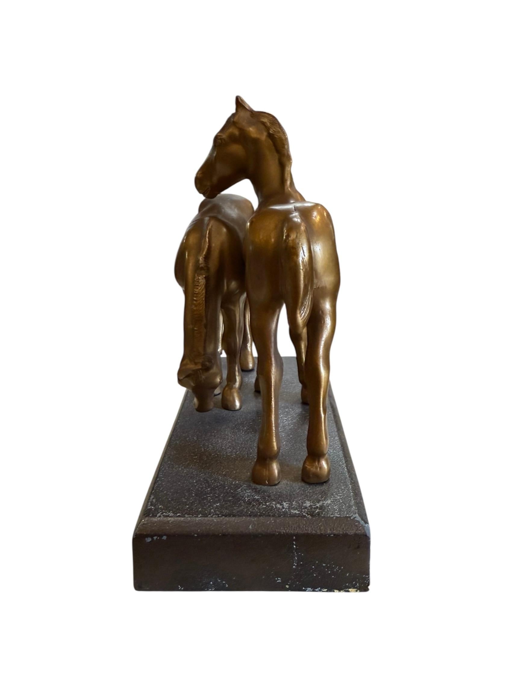 Pair of Art Deco Bronze Sculpture Statue 2 Horses Figurine Bookends In Good Condition For Sale In Pasadena, CA