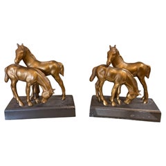 Pair of Art Deco Bronze Sculpture Statue 2 Horses Figurine Bookends