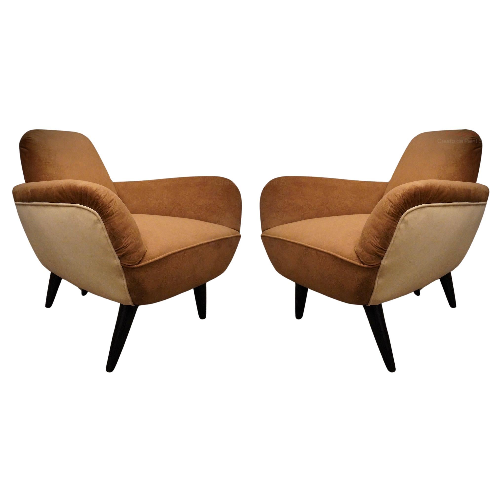 Art Deco Brown and Withe Fabric Italian Club Chairs Armchairs, 1940