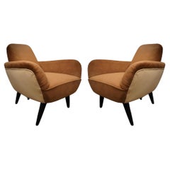 Vintage Art Deco Brown and Withe Fabric Italian Club Chairs Armchairs, 1940