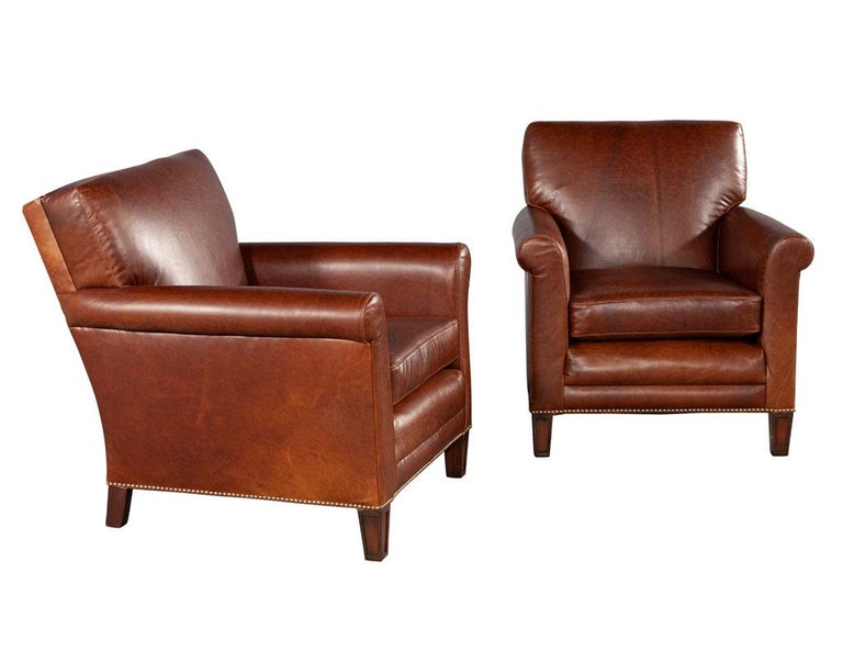 American Pair of Art Deco Brown Saddle Leather Club Chairs 1950’s USA For Sale
