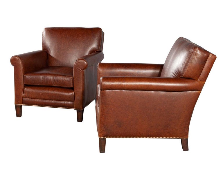 Pair of Art Deco Brown Saddle Leather Club Chairs 1950’s USA In Excellent Condition For Sale In North York, ON