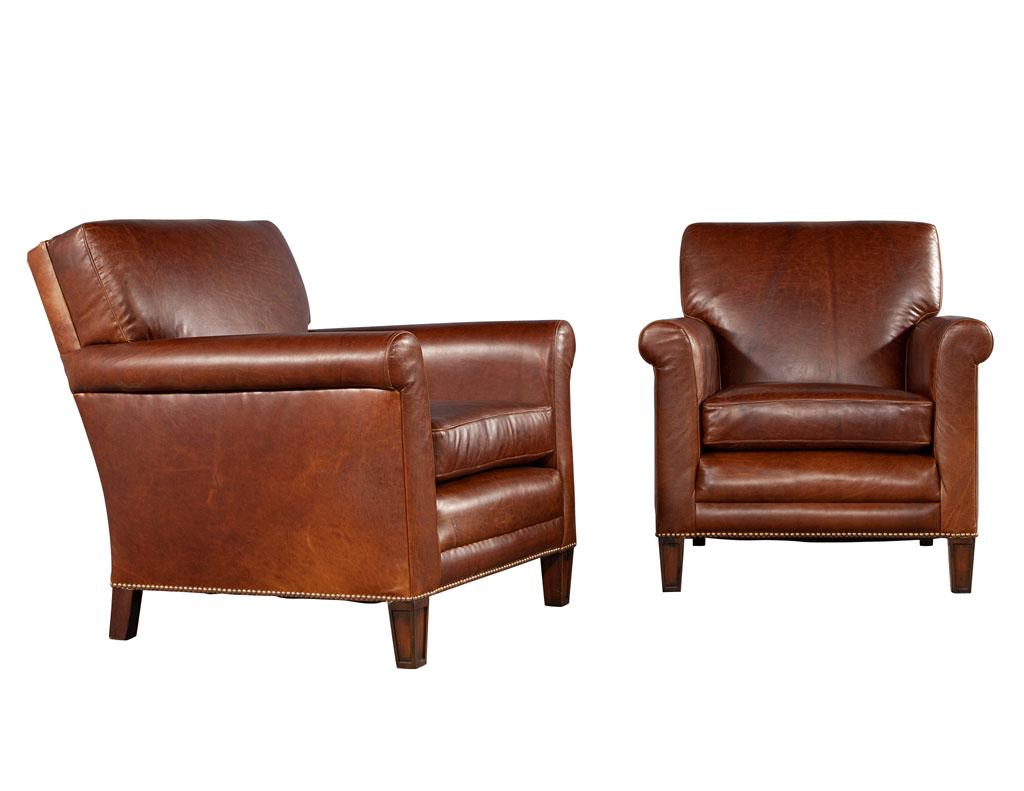 Pair of Art Deco Brown Saddle Leather Club Chairs 1950’s USA In Excellent Condition In North York, ON