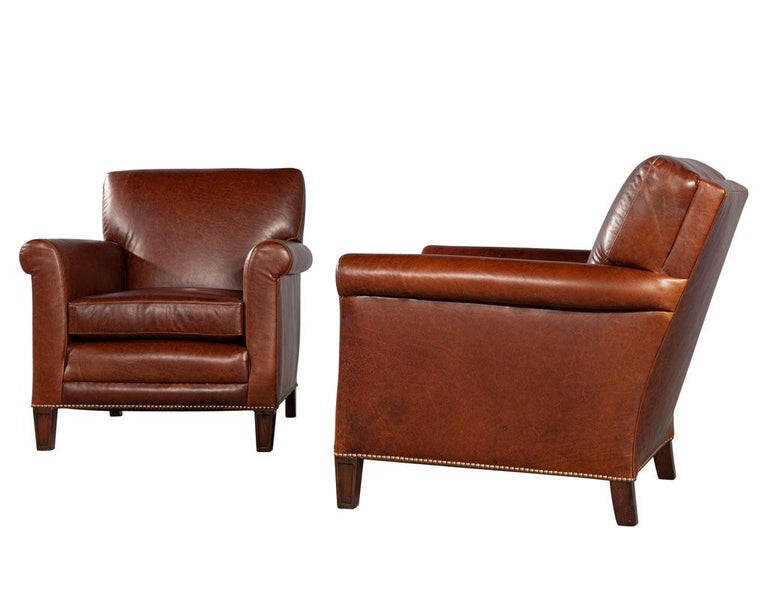 Pair of Art Deco Brown Saddle Leather Club Chairs 1950’s USA For Sale 2