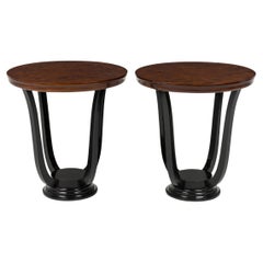 Pair of Art Deco Burl Circular End / Side Tables w/ Mahogany Veneered Bases