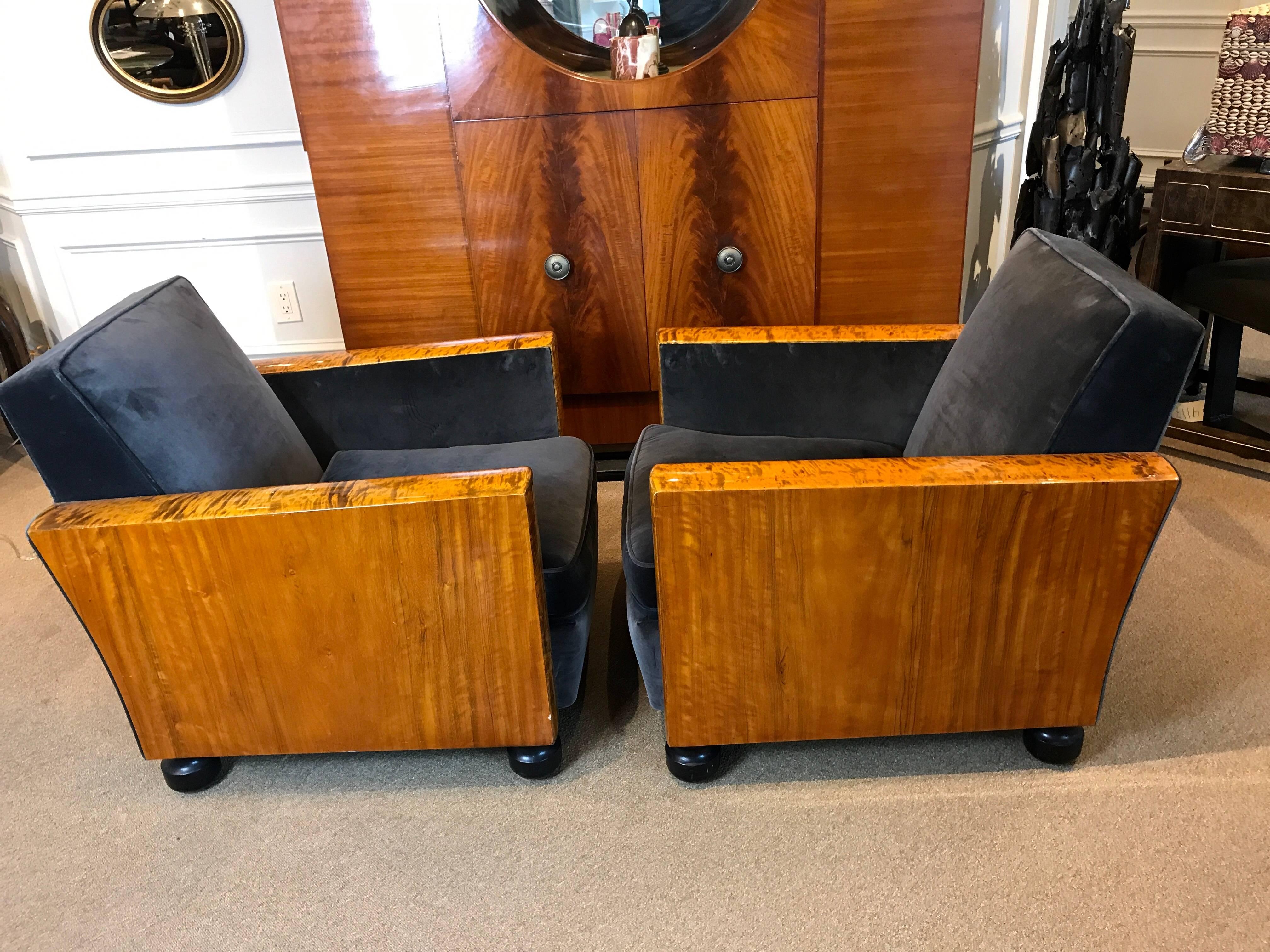 Pair of Art Deco Burl Wood Lounge Chairs 5