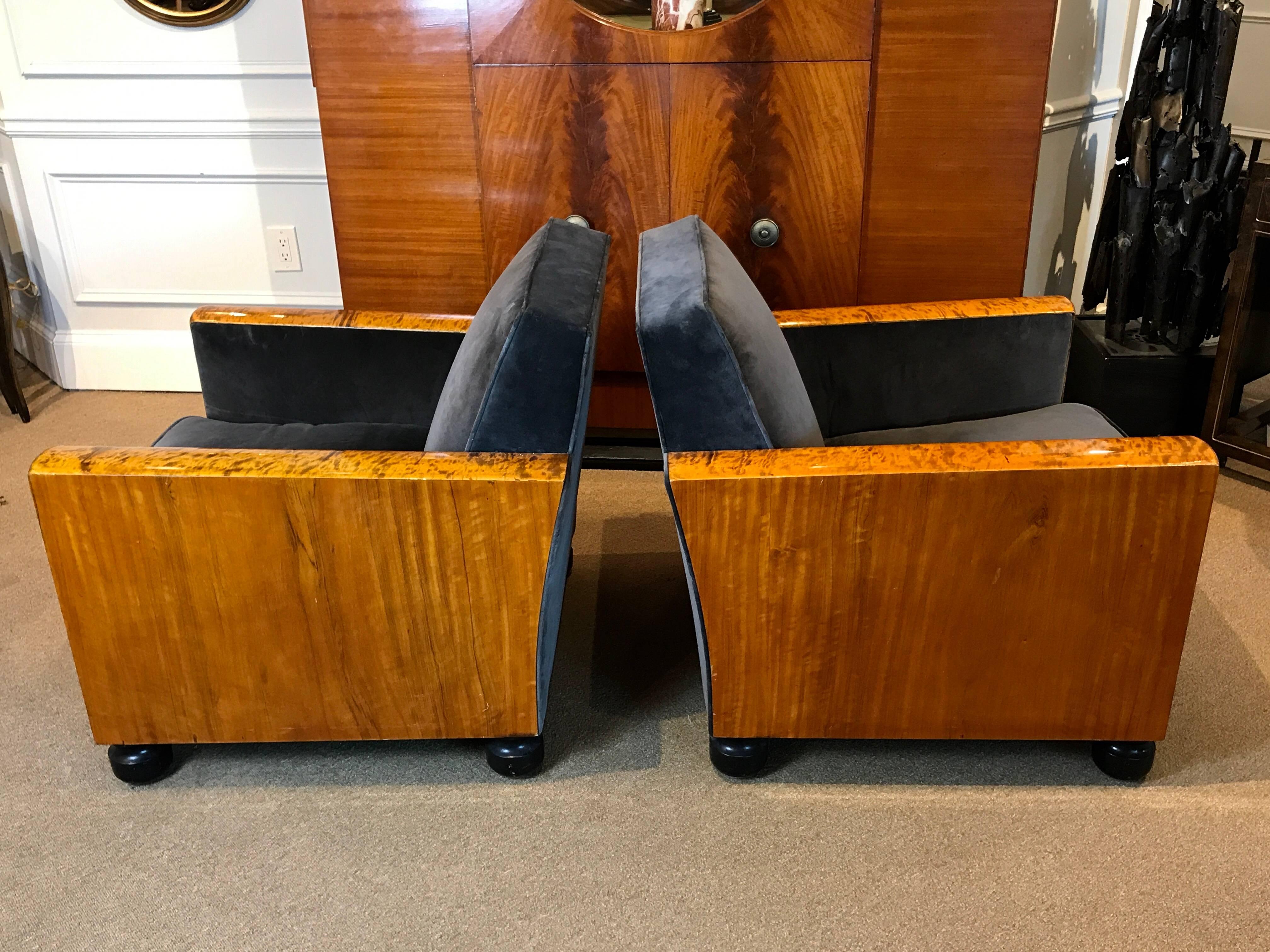 Pair of Art Deco Burl Wood Lounge Chairs 3