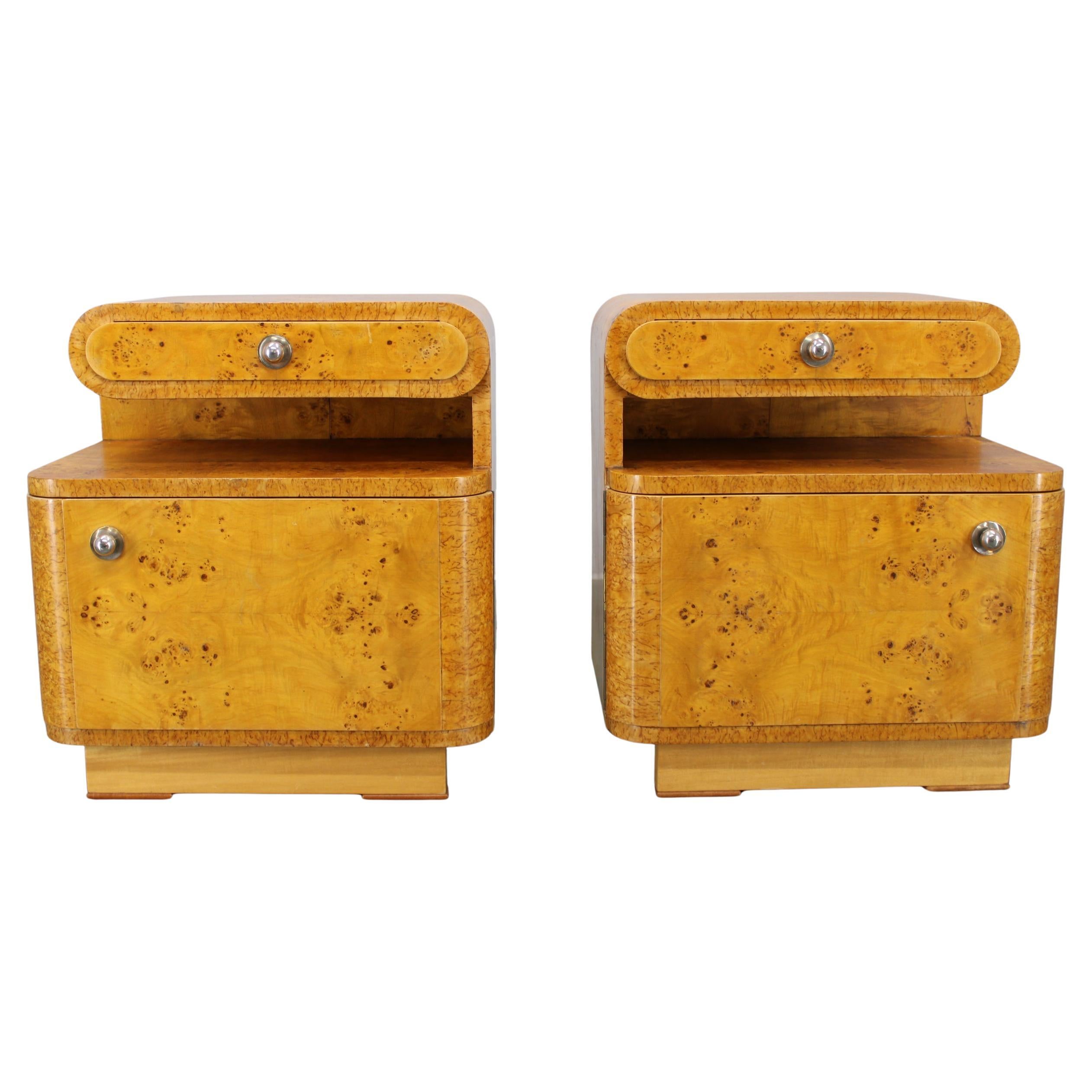 Pair of Art Deco Burl Wood Nightstands, Czechoslovakia, 1940s For Sale