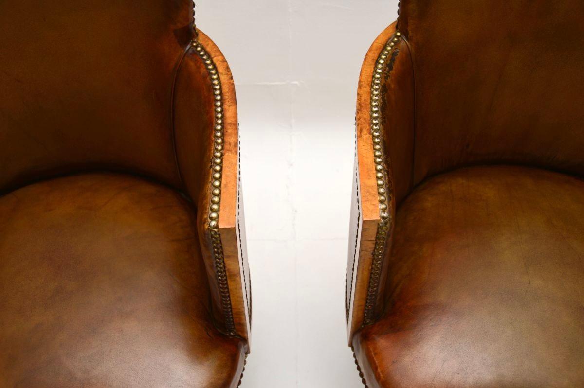 Pair of Art Deco Burr Walnut and Leather Armchairs For Sale 5