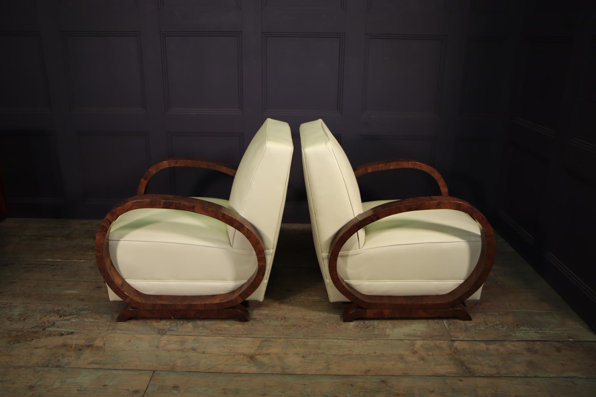 Pair of Art Deco Burr Walnut and Leather Armchairs 5
