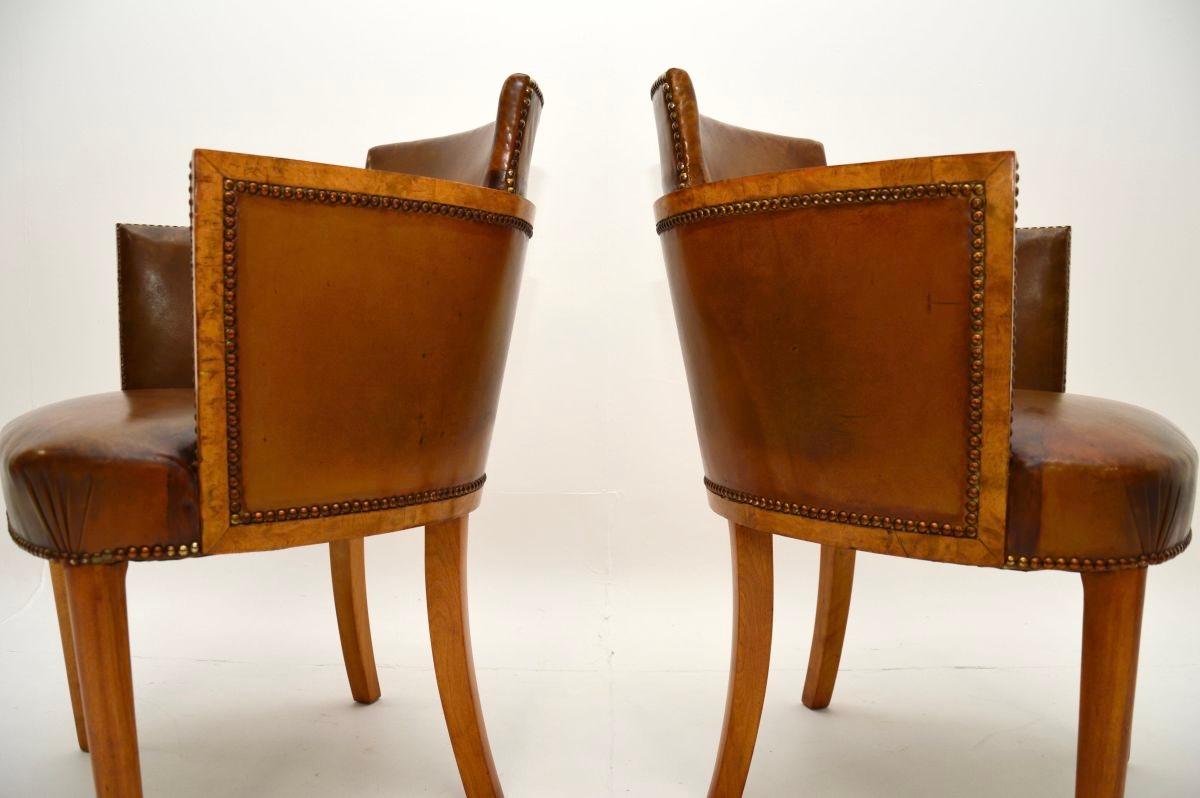 Pair of Art Deco Burr Walnut and Leather Armchairs For Sale 6
